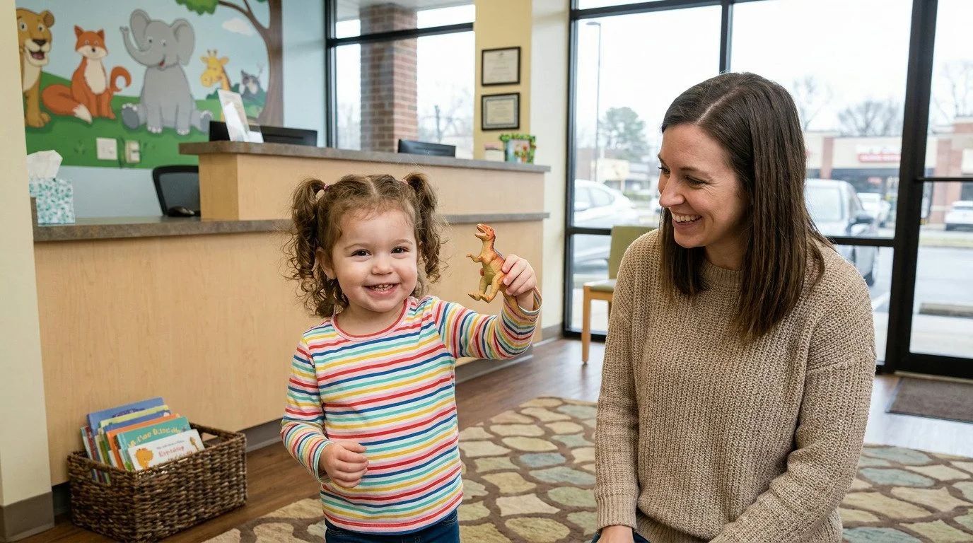 A young girl in a striped shirt holds up a dinosaur toy and smiles at the camera while a woman in a tan sweater smiles beside her in a waiting room with a cartoon animal mural.