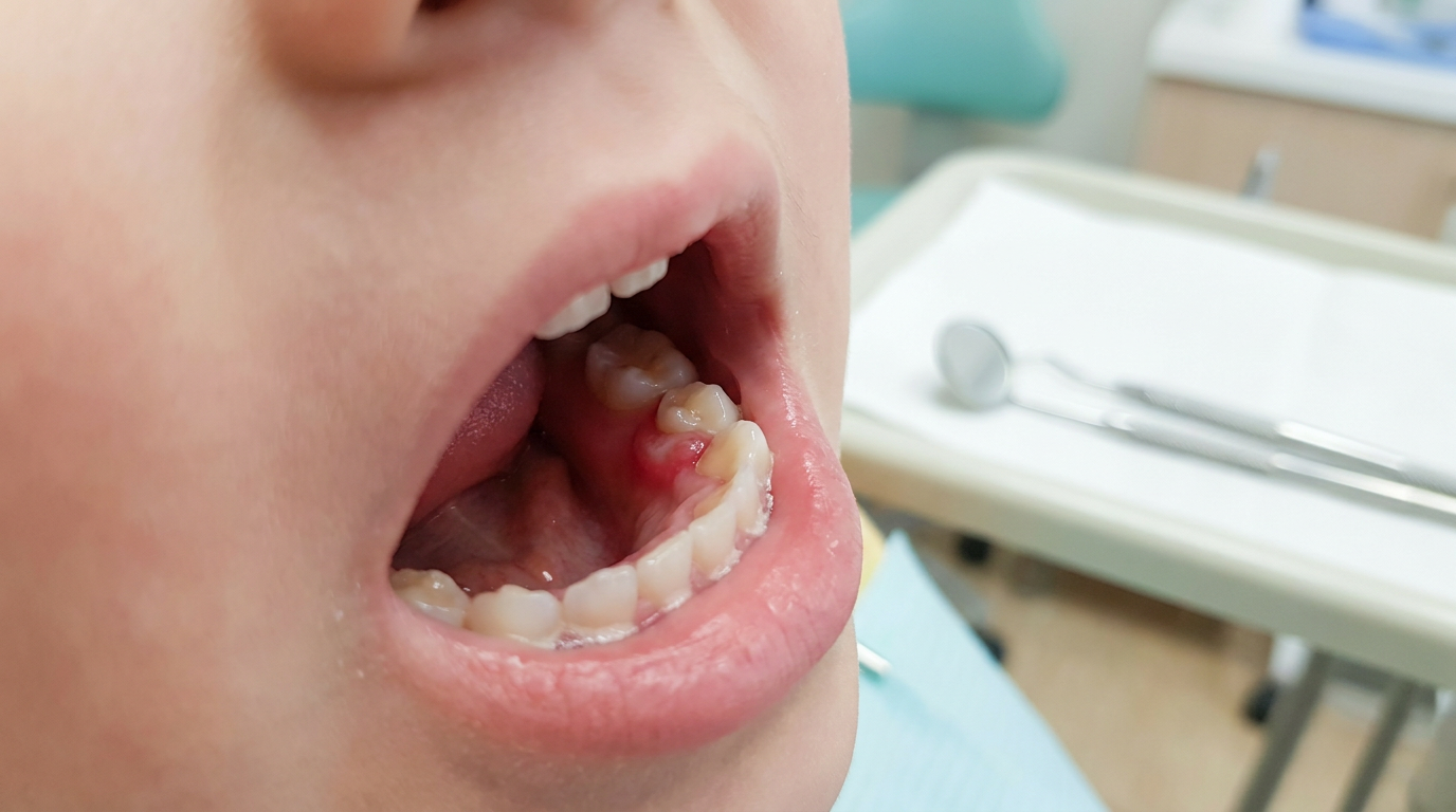 Child's gum line with slight redness and swelling around teeth, subtle plaque visible in a dental office.