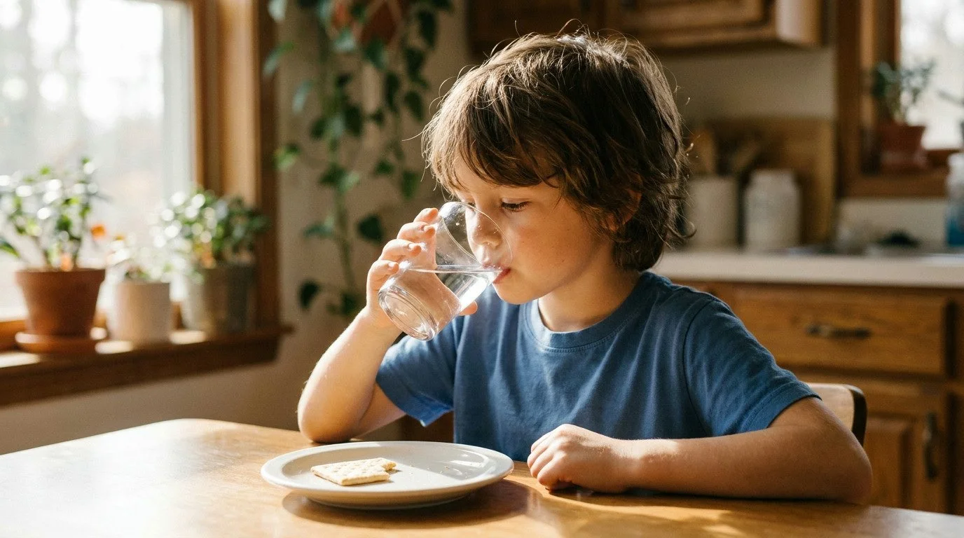 A young child in a blue t-shirt sips water from a glass at a wooden table with a cracker on a white plate, bathed in sunlight from a window with potted plants.