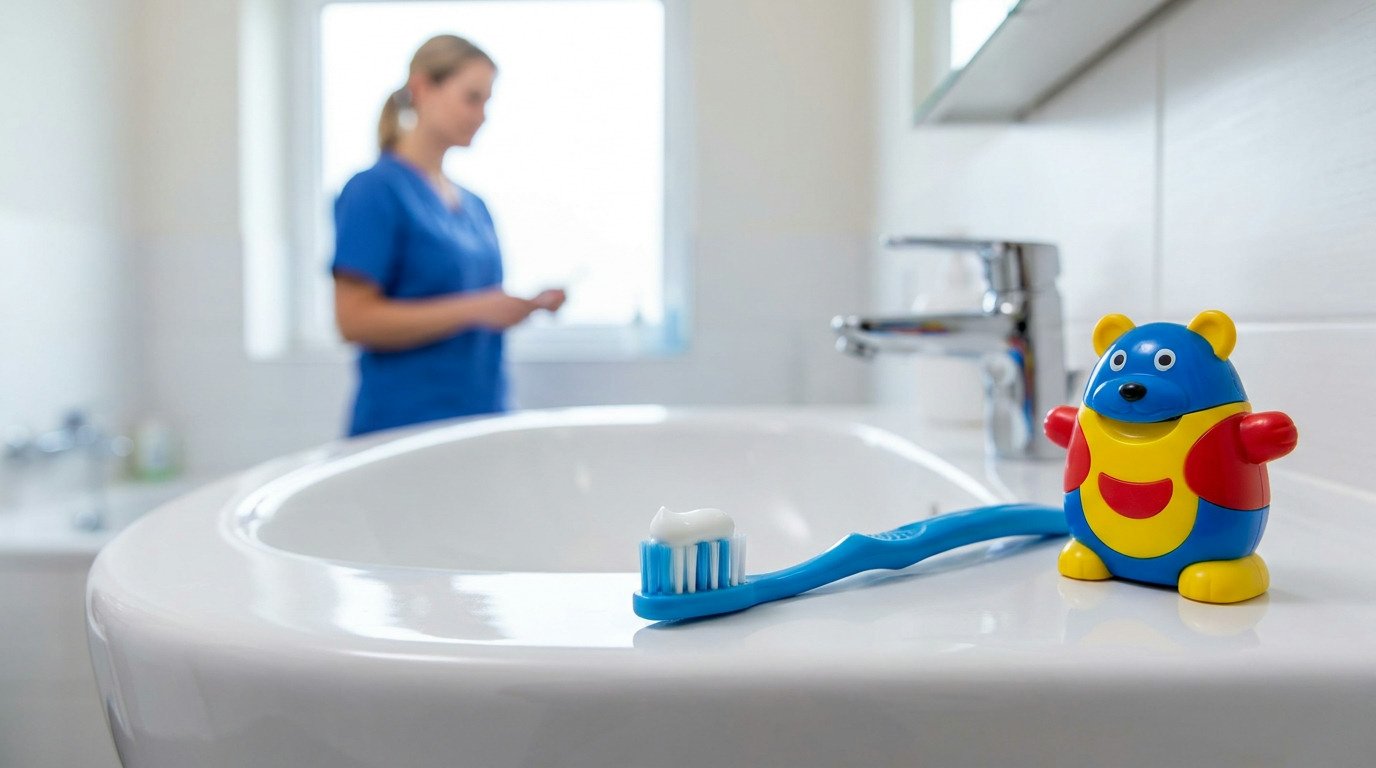 A blue toothbrush with toothpaste and a colorful bear-shaped object sit on a white sink, with a blurred person in blue scrubs standing by a window in the background.