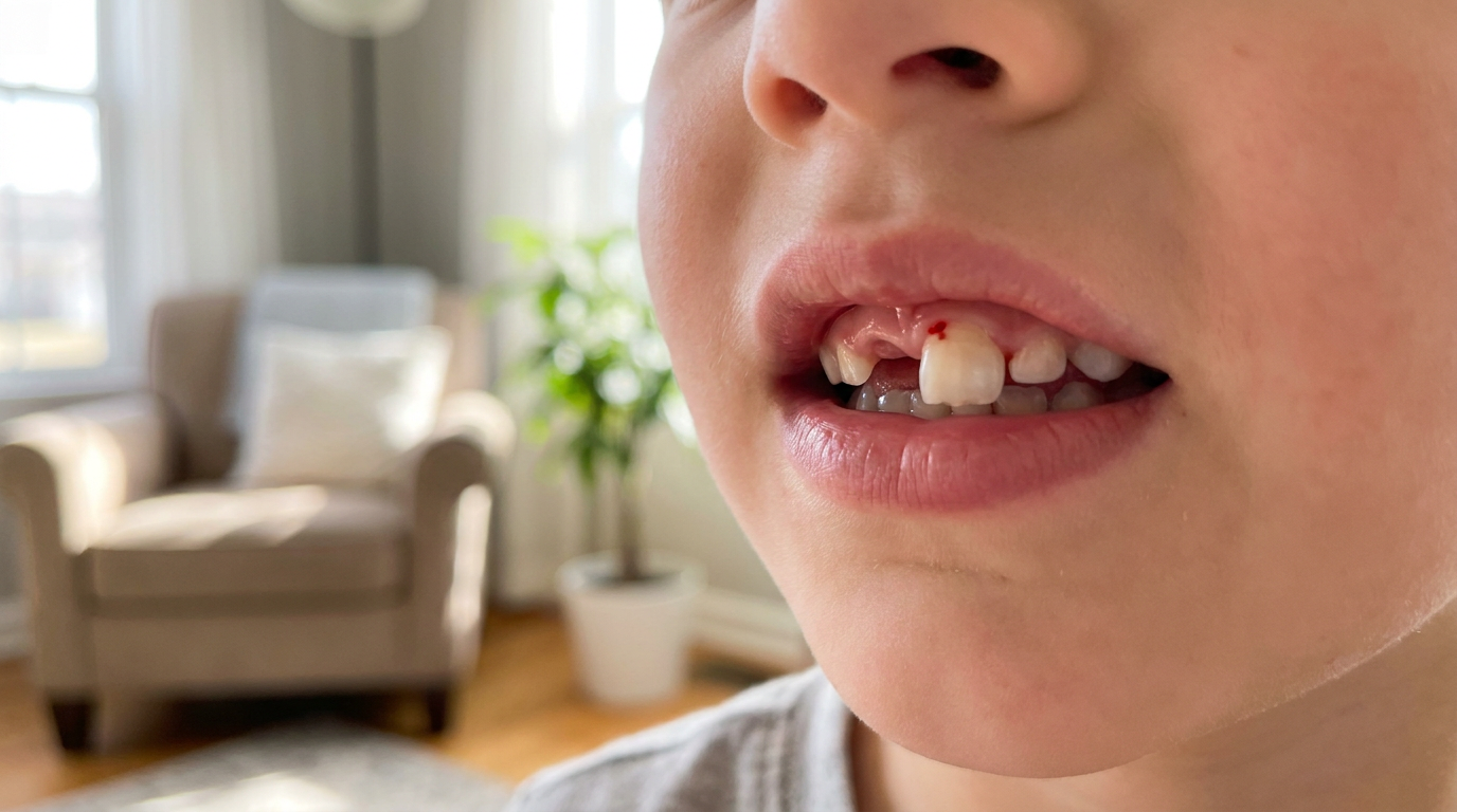 Loose baby tooth in a child's mouth, visible tenderness and a tiny spot of blood on the gum line.