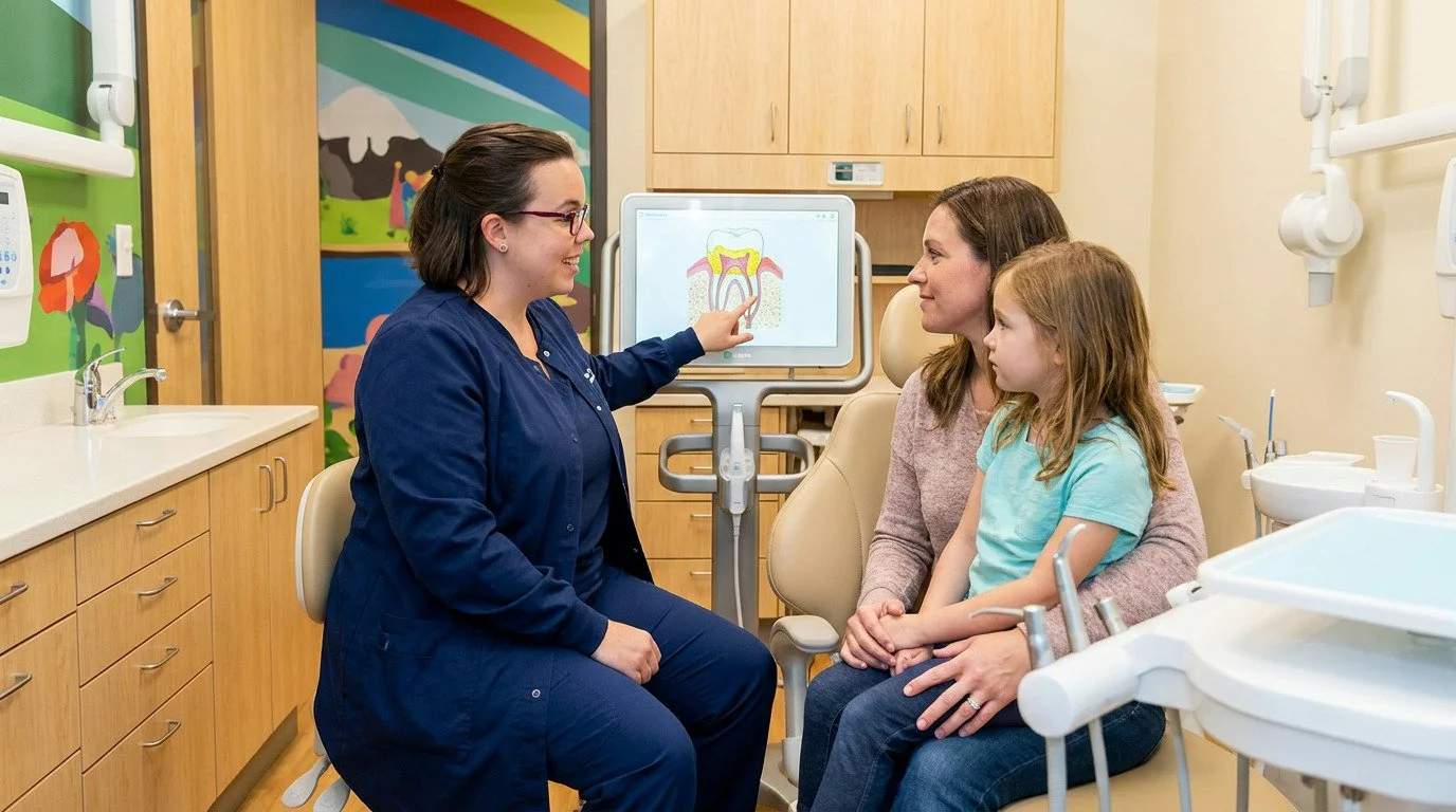 A woman in blue scrubs points at a dental diagram on a screen while a woman and a child sit in a dental chair.