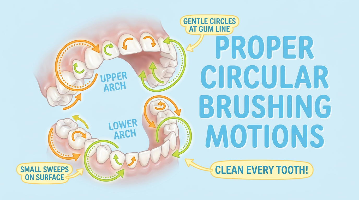 Infographic showing child's dental arches with arrows illustrating proper circular brushing motions.