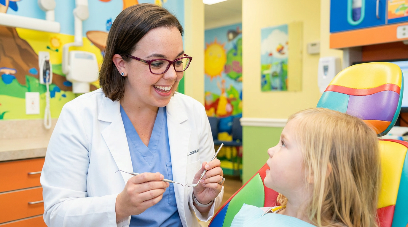 Dr. Jackie St. Pierre speaking gently to a child in a brightly colored dental chair, holding a dental mirror.