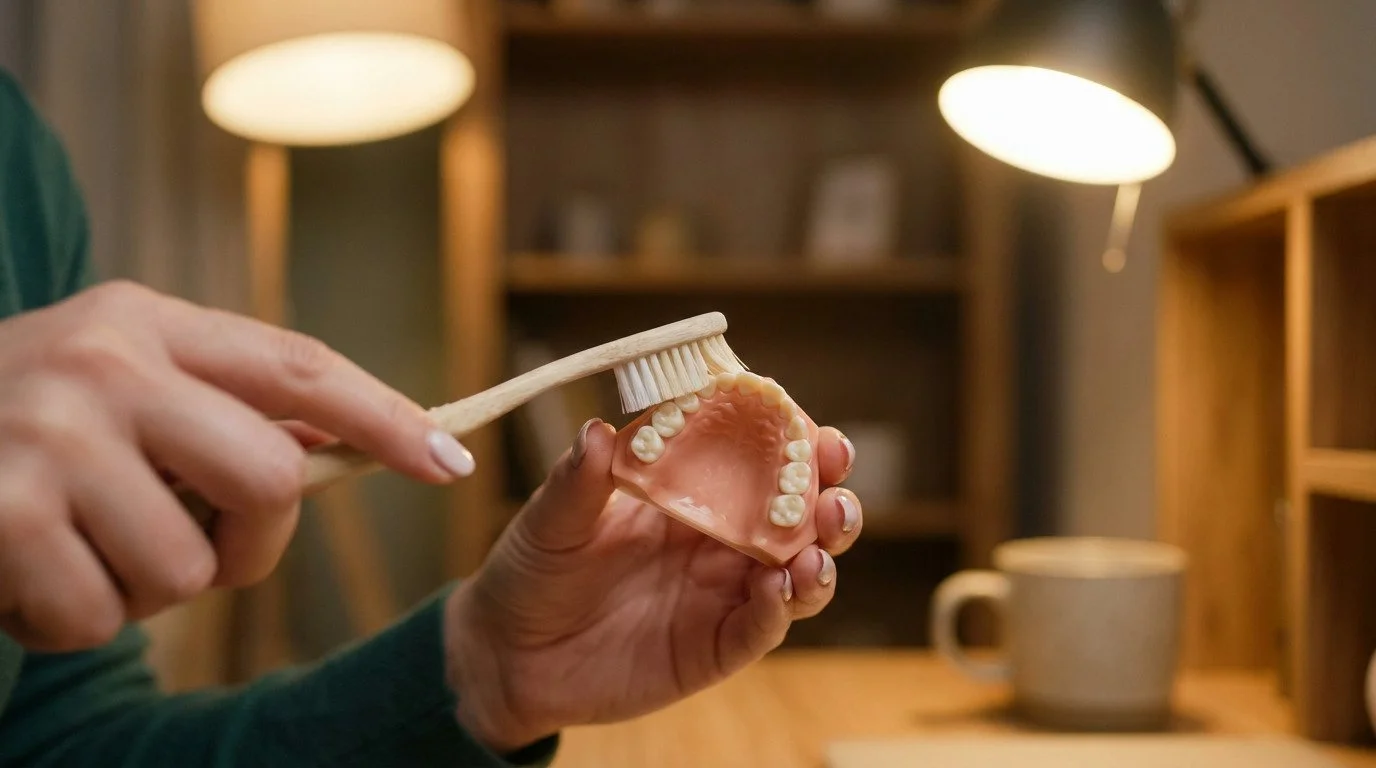 Zoe's hands hold a dental model and a toothbrush, demonstrating a brushing motion under warm light, with a mug and shelves in the blurred background.