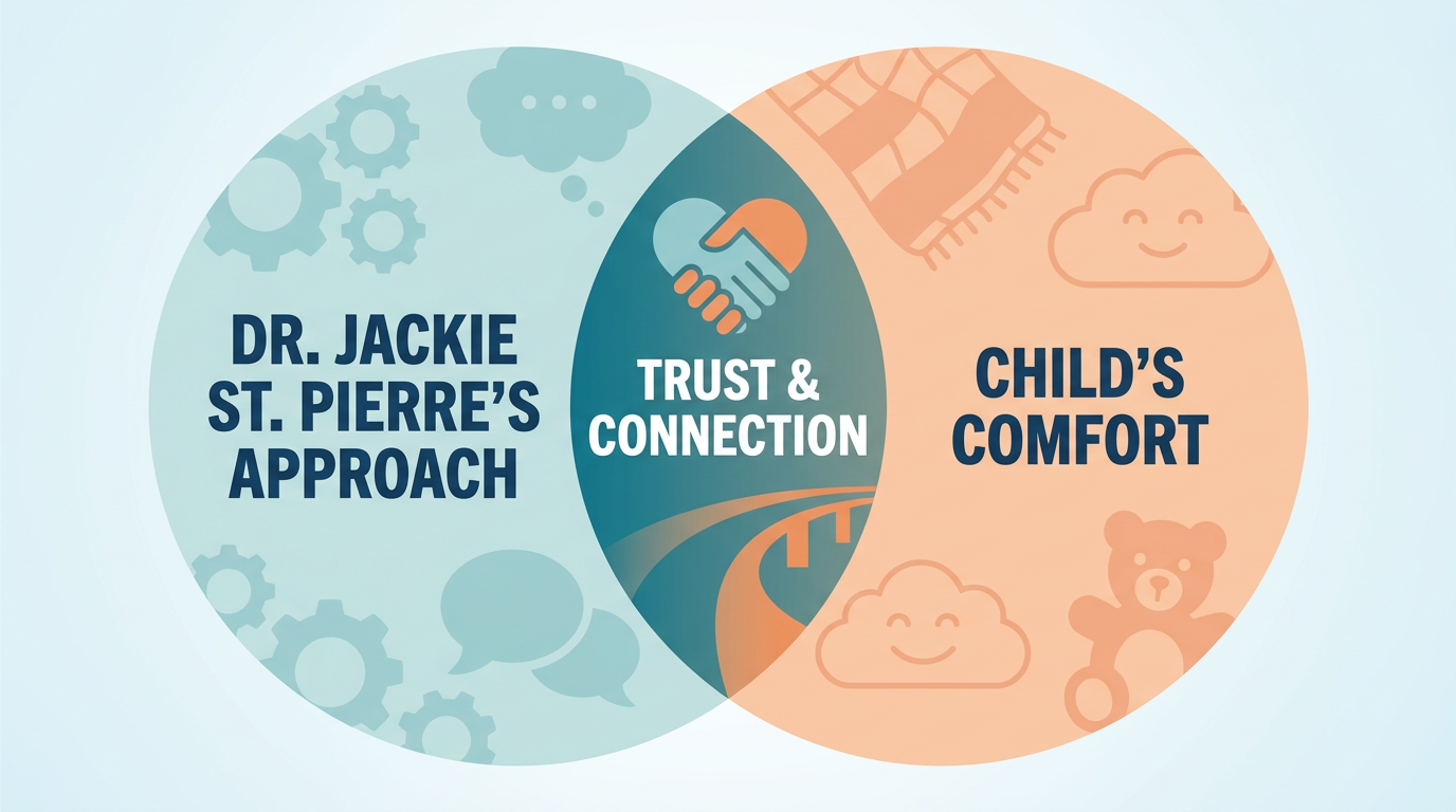 Venn diagram showing Dr. Jackie St. Pierre's approach and child's comfort overlapping to create trust and connection.