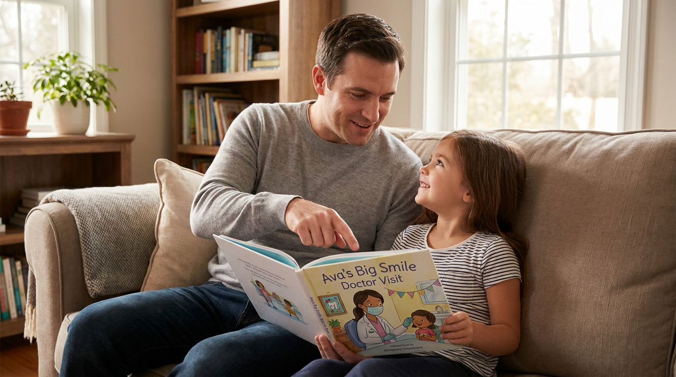 Adam points to a picture book for Ava, smiling, on a living room couch, teaching her about dental visits.