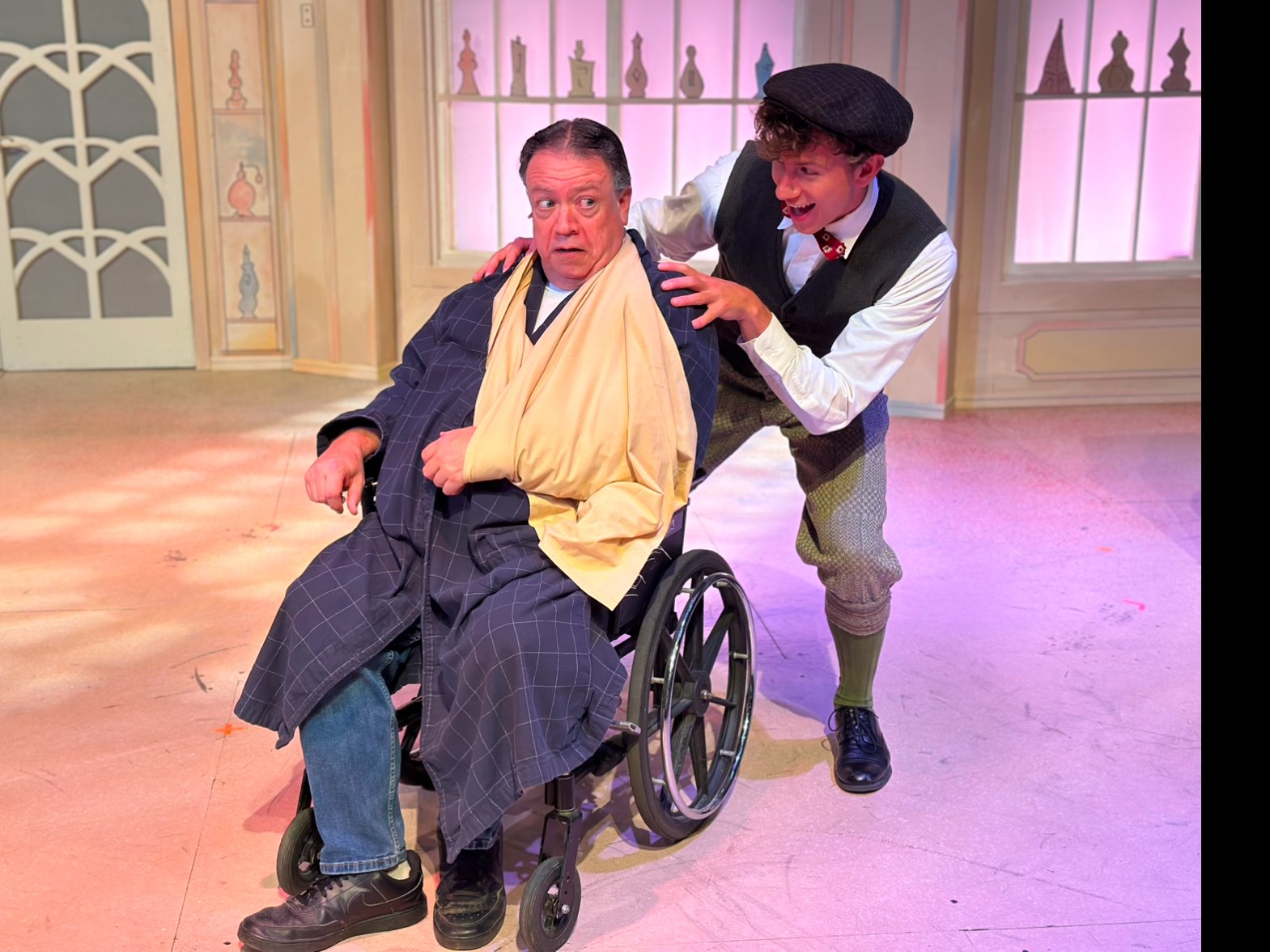 Ben Friesen's "Arpad" tries to convince Darrin Murrell's "Mr. Maraczek" to promote him in "Try Me".