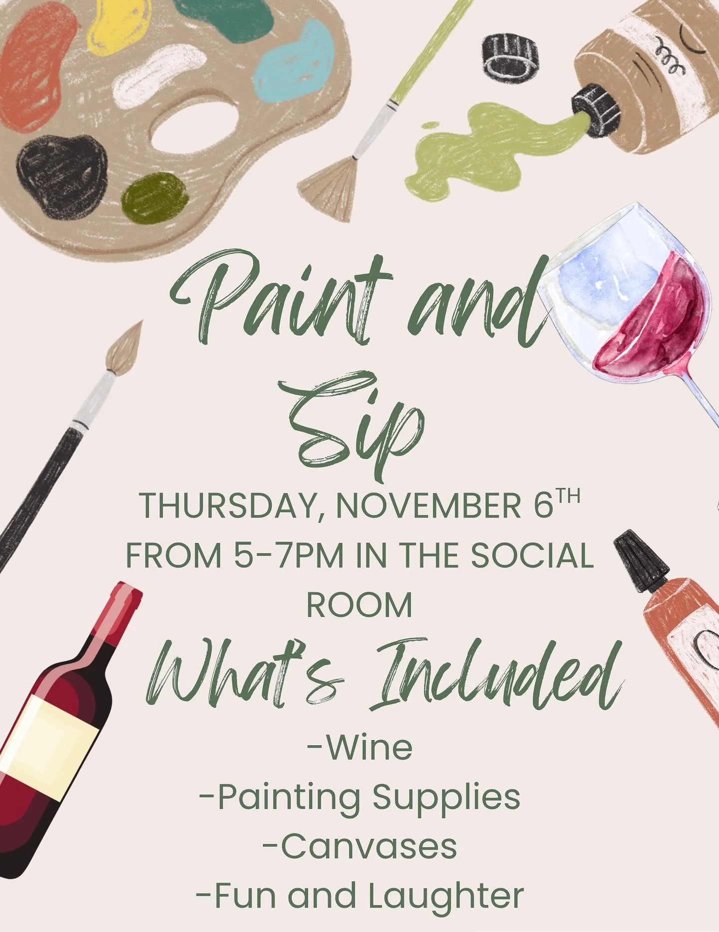 Indulge in an evening of creativity and connection at our Paint &amp; Sip Night. ✨
Join us on November 6th from 6&ndash;7pm as we unwind with a glass in hand and a canvas before us.
We&rsquo;ll provide thoughtfully selected wines, elegant painting su