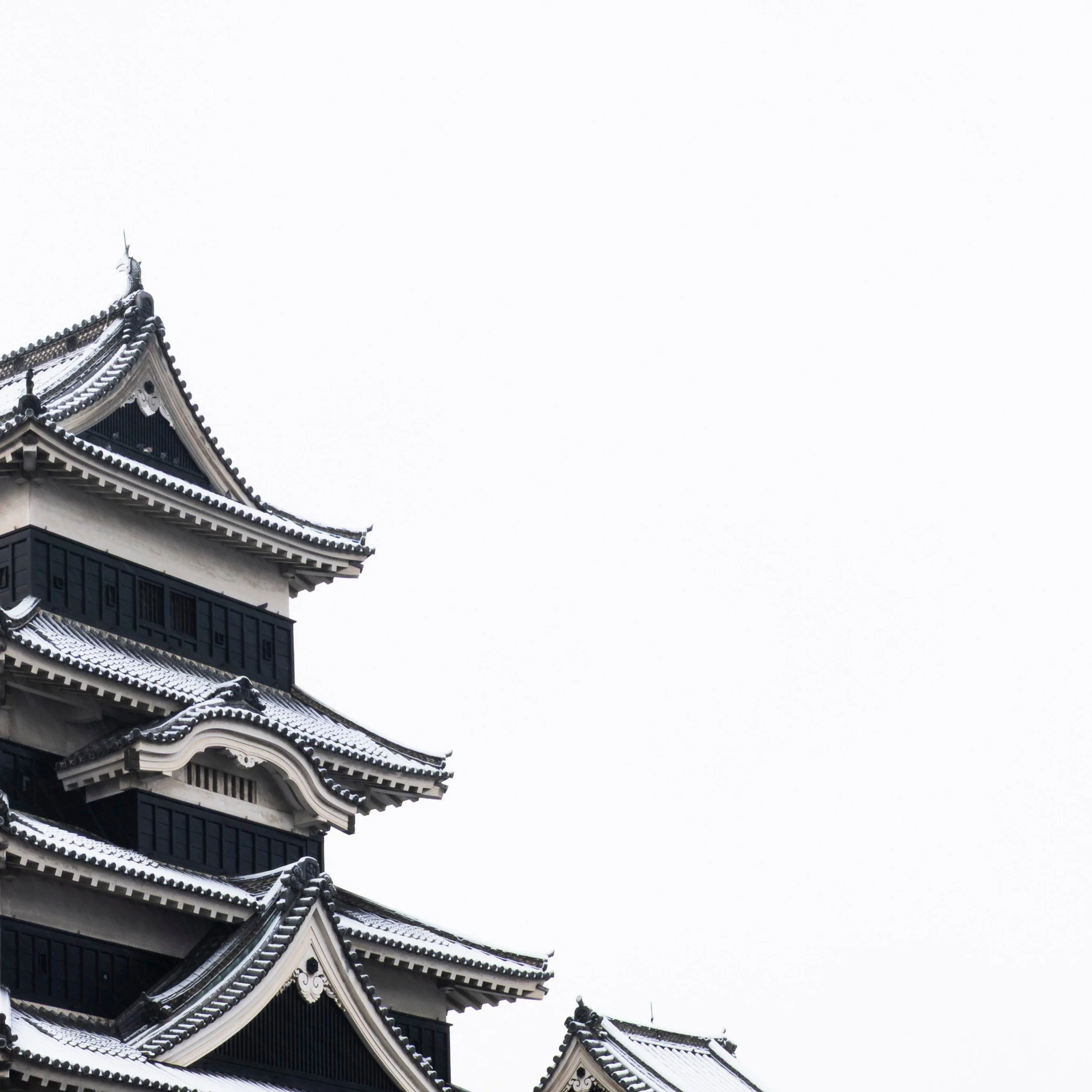 Top right zoom detail of the Ice Ice Outpost print, castle rooflines against a blank winter sky, Matsumoto, Japan