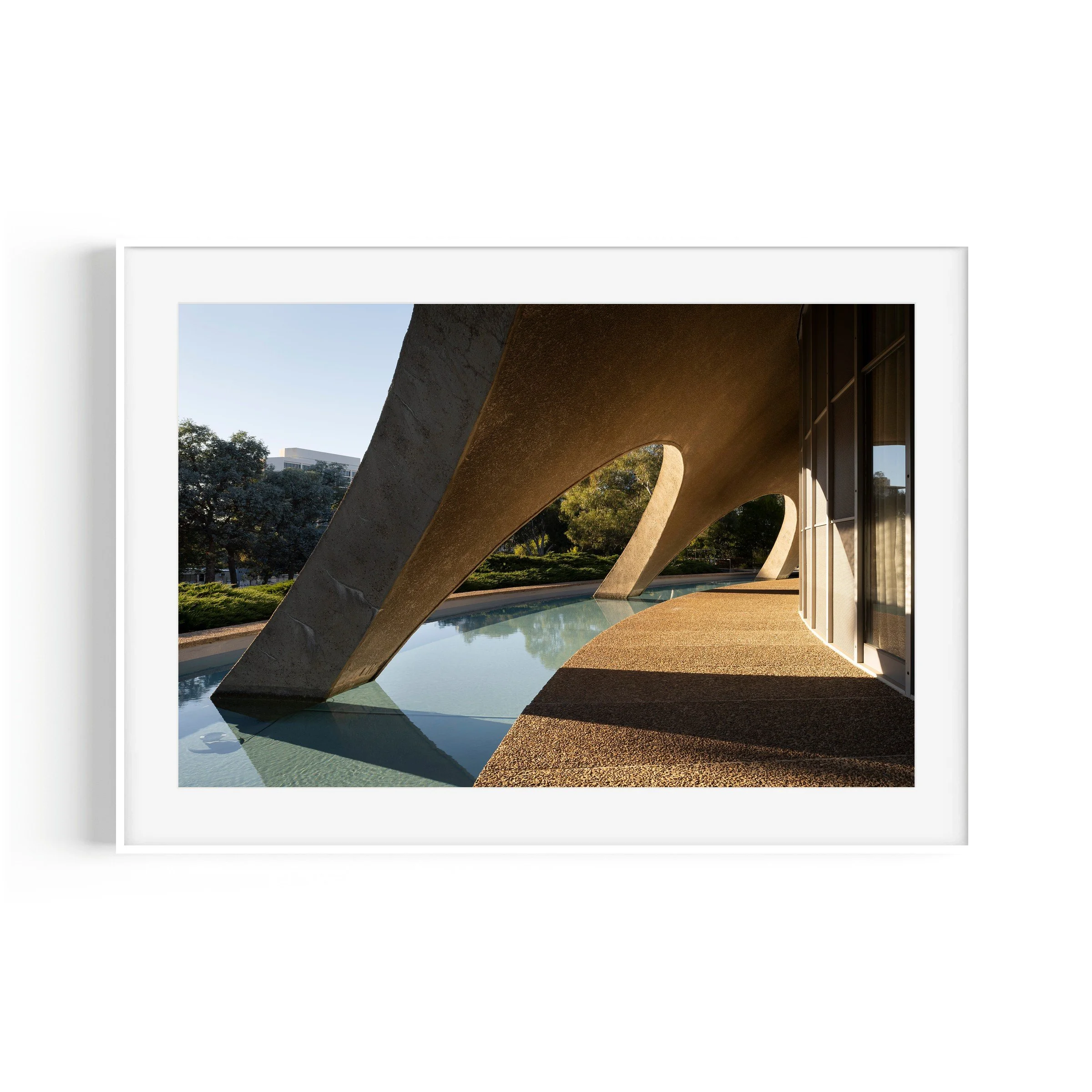 Shine Dome Acton Canberra modernist architecture print in white frame by Matthew Sherren