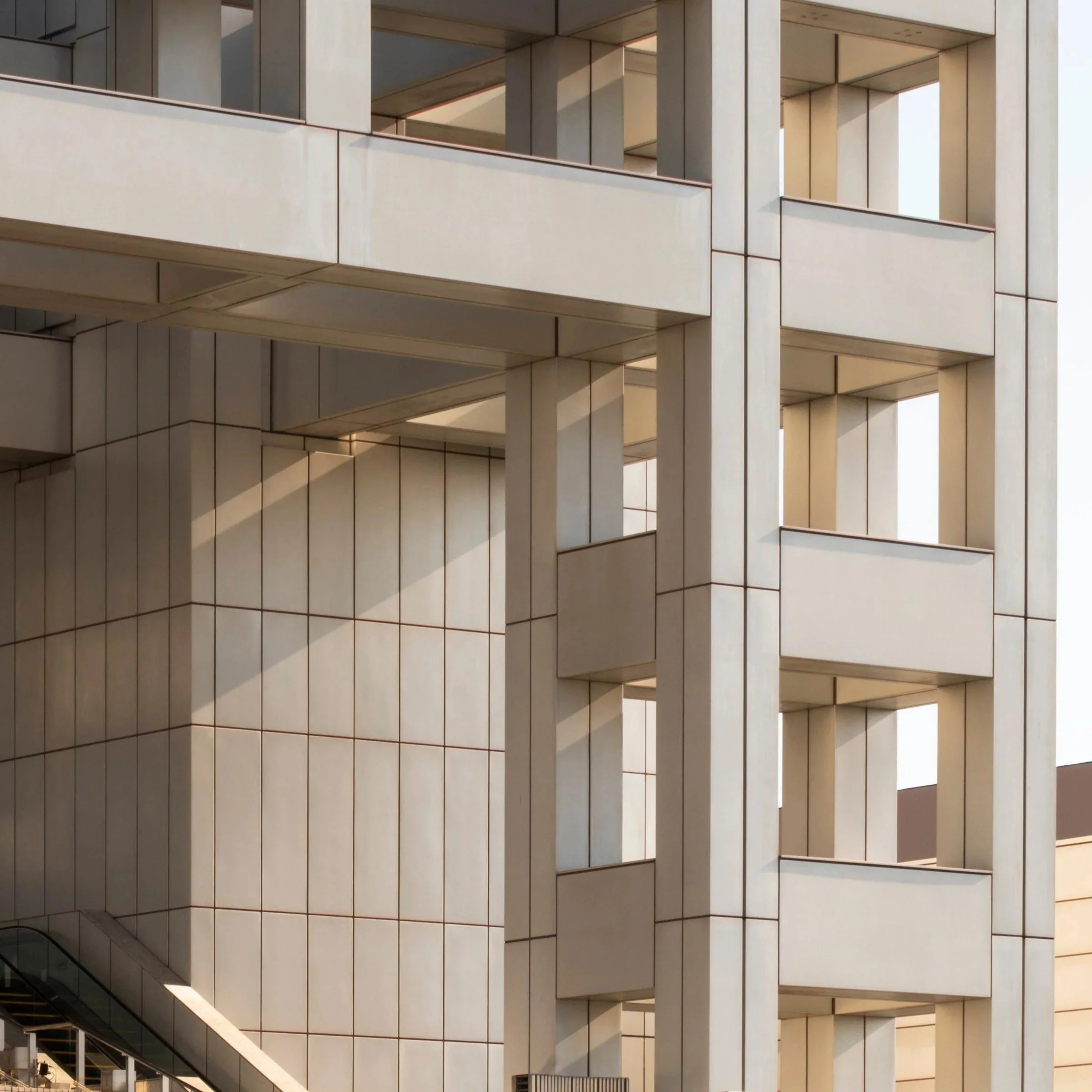Close-up of the concrete structural grid facade, Fuji TV Headquarters, Odaiba, Tokyo, Japan