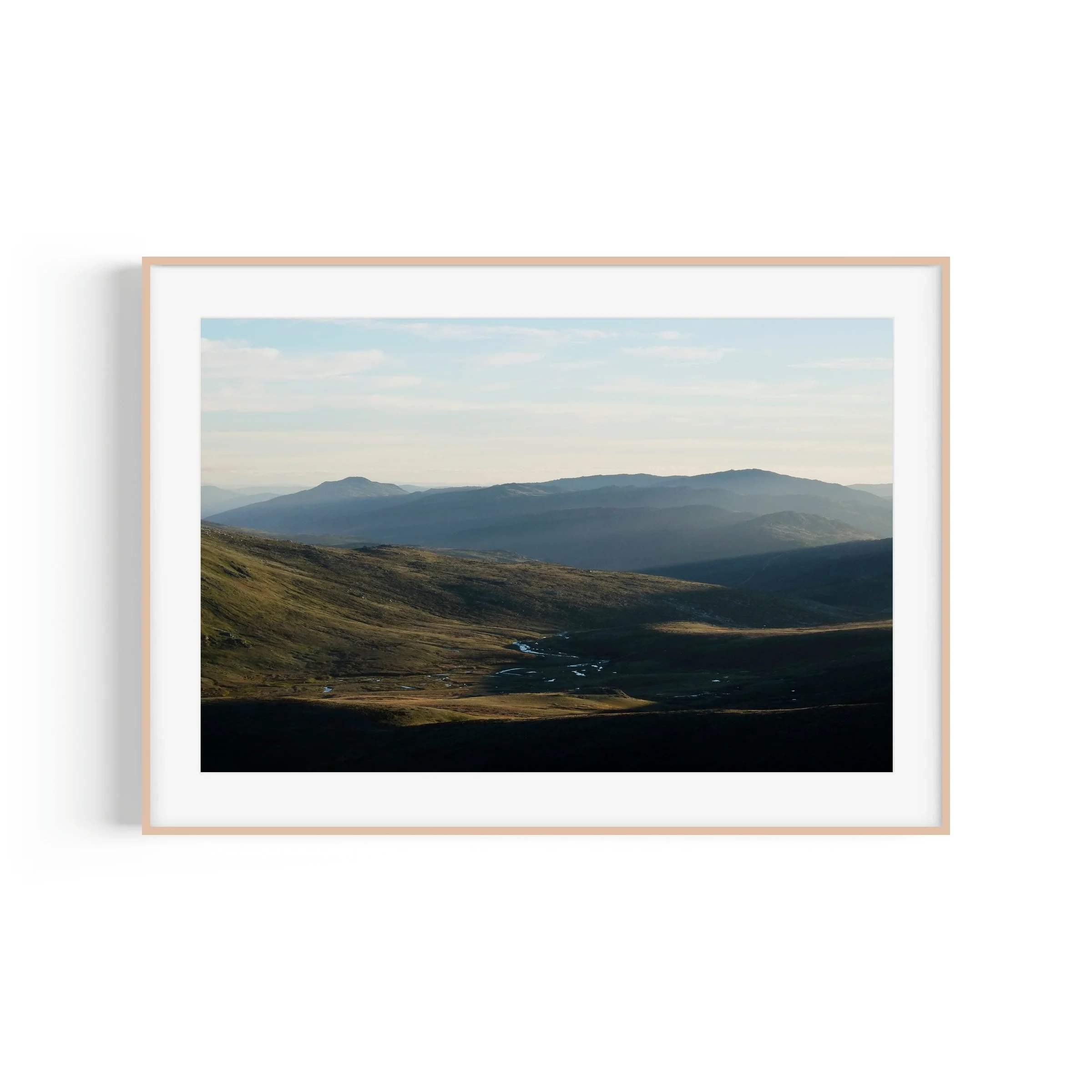 First Rays Mount Kosciuszko Snowy Mountains New South Wales landscape print in raw oak frame by Matthew Sherren