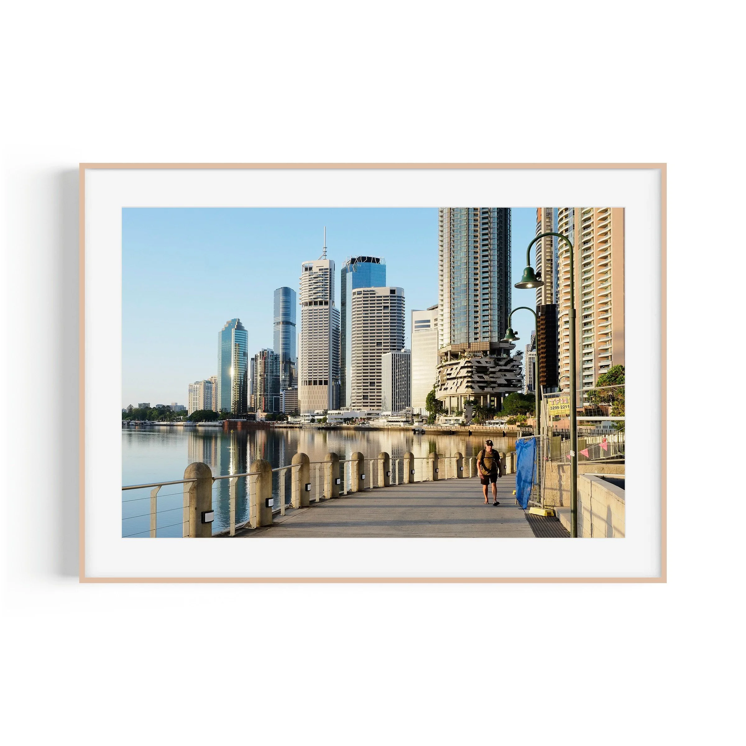 City Reach boardwalk Brisbane Queensland skyline print in raw oak frame by Matthew Sherren