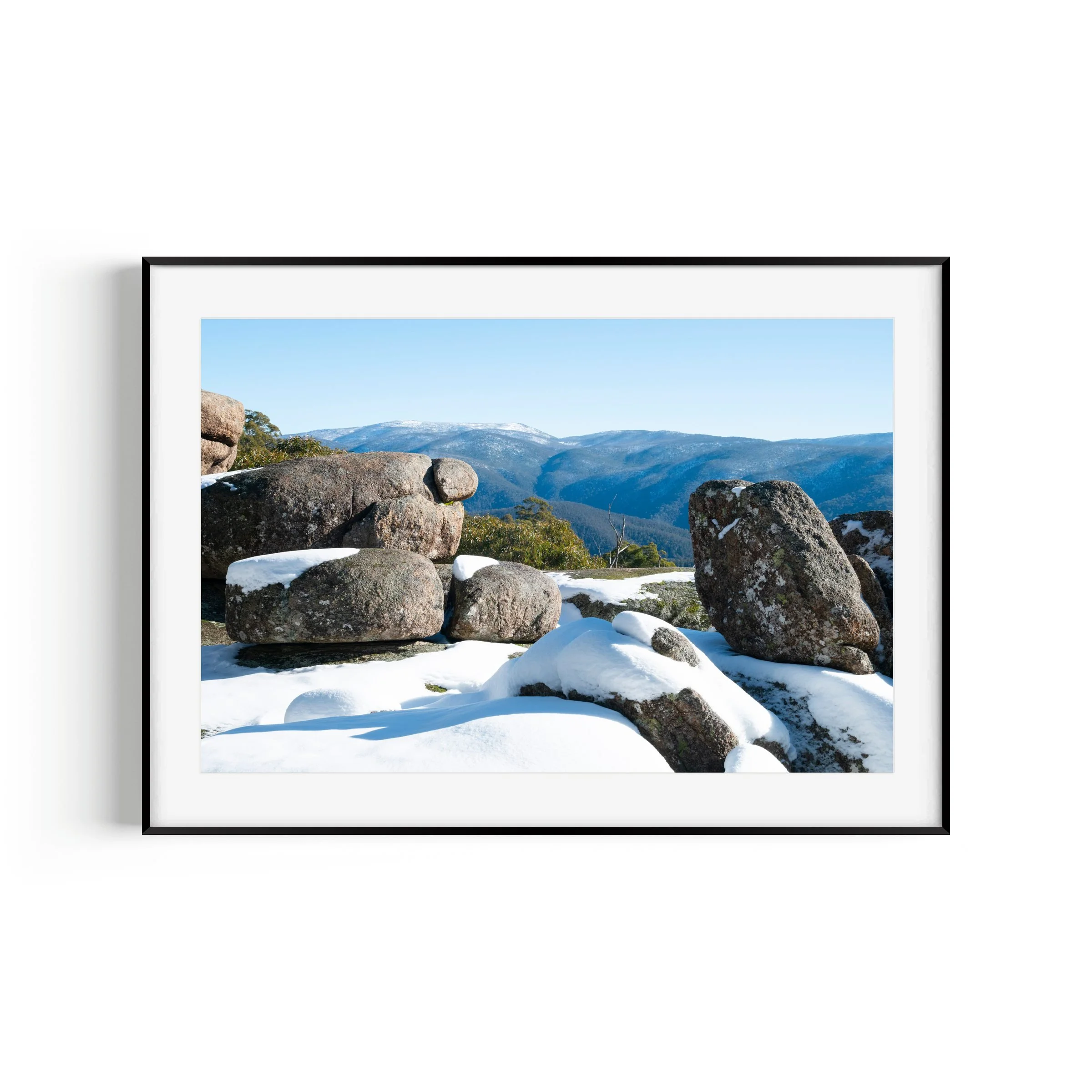 Square Rock Walk snowfall Namadgi National Park Canberra print in black frame by Matthew Sherren