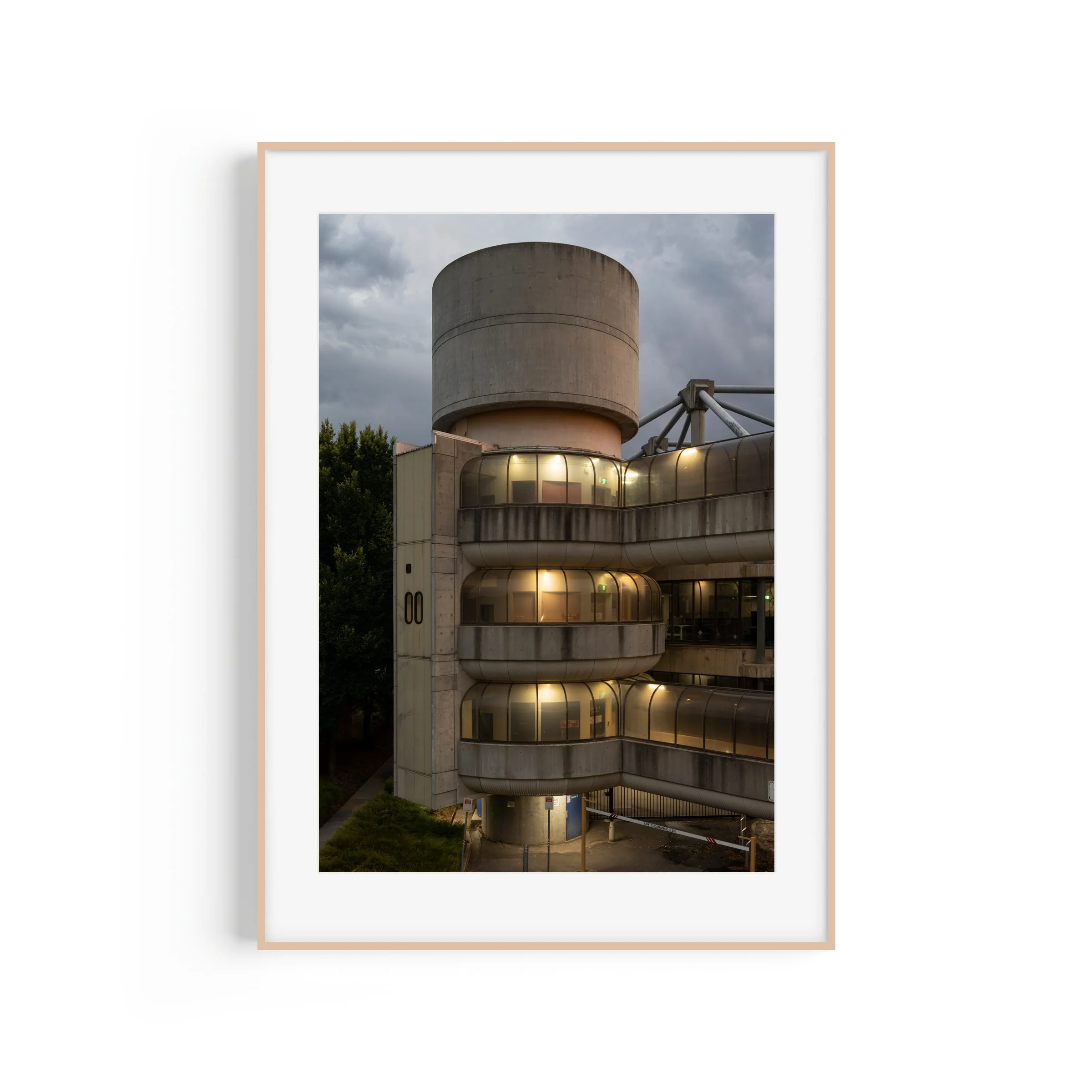 Callam Offices #1 Woden Canberra brutalist architecture print in raw oak frame by Matthew Sherren