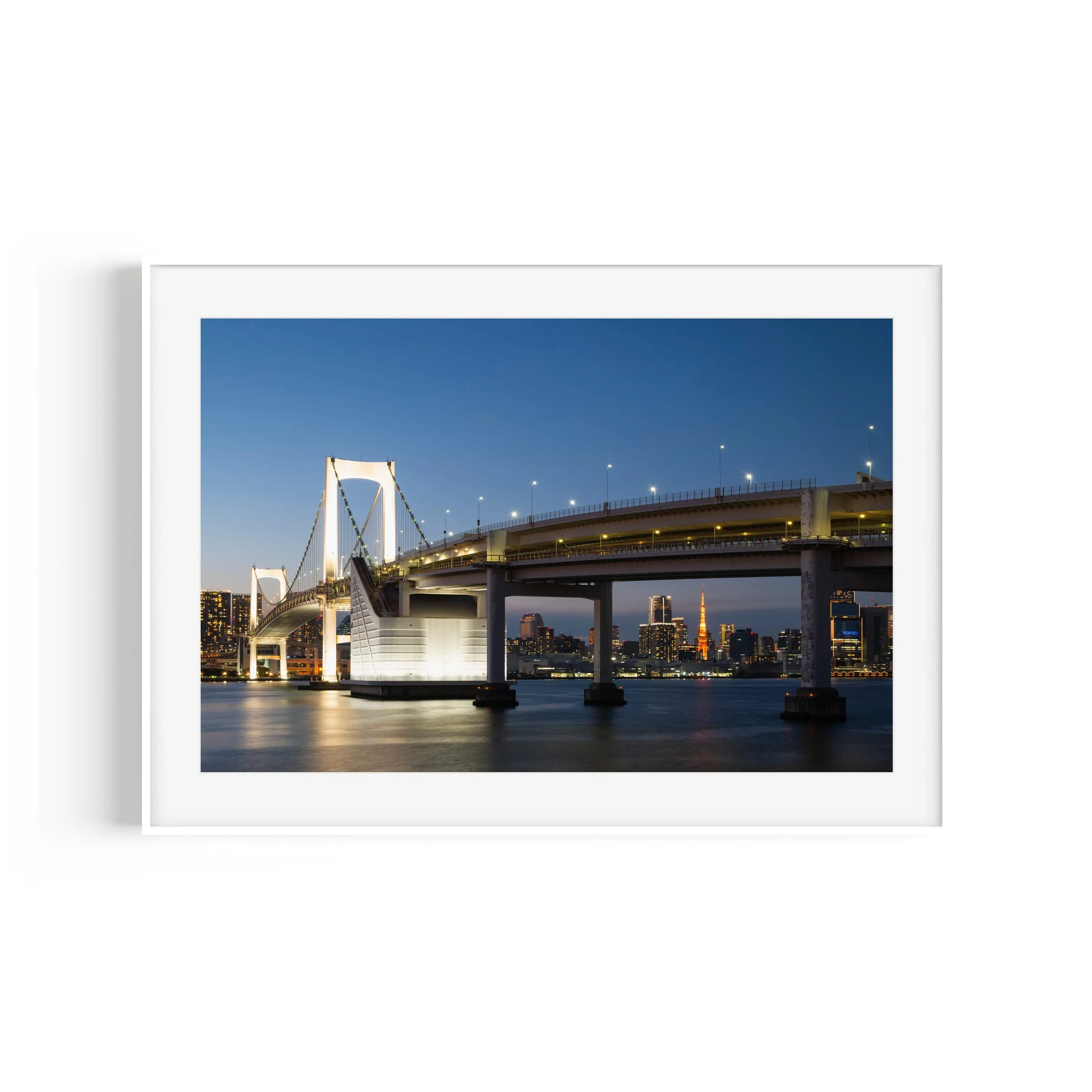 Rainbow Road wall art print mockup Rainbow Bridge Daiba Tokyo Japan Mario Kart Wii inspired white frame