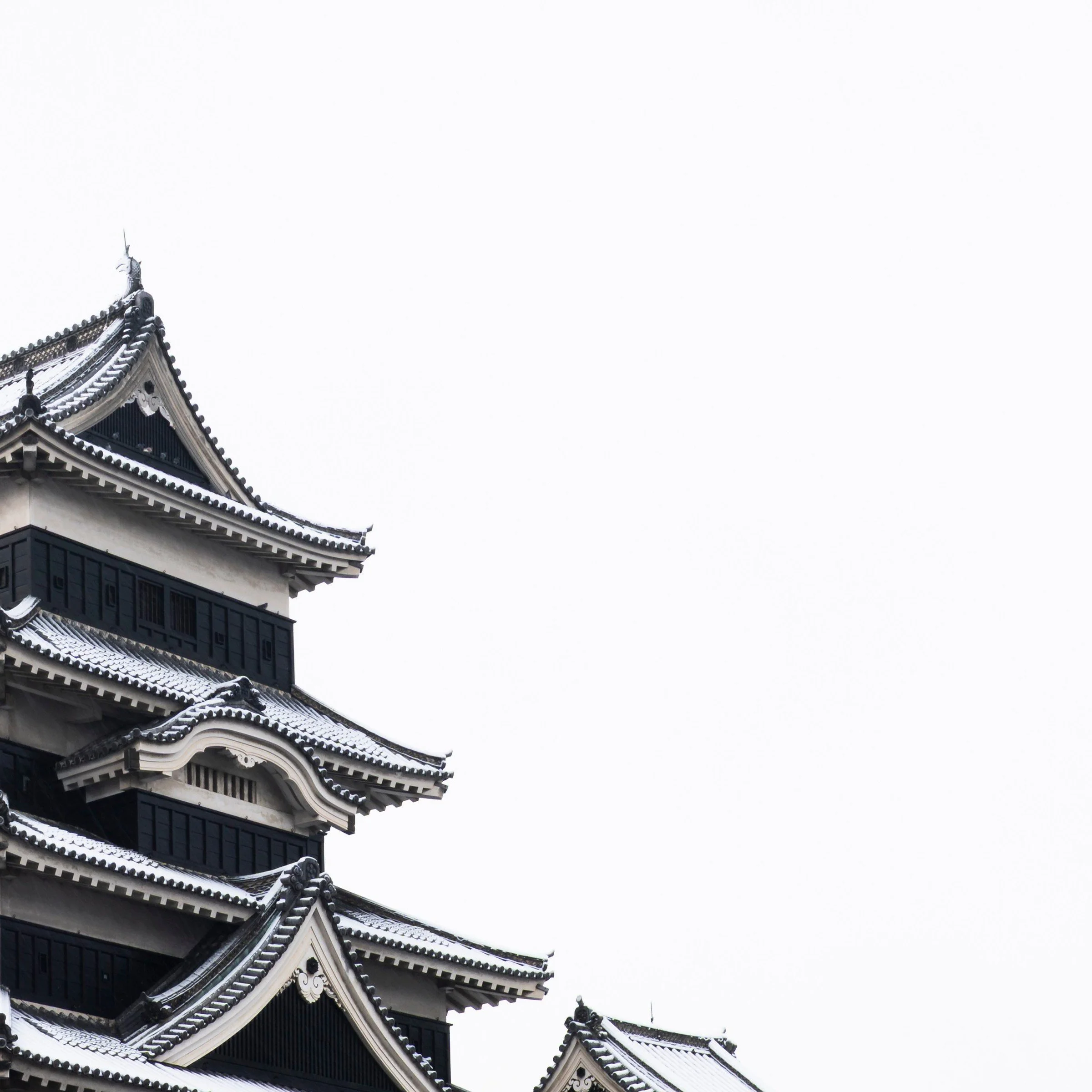 Top right zoom detail of the Ice Ice Outpost print, castle rooflines against a blank winter sky, Matsumoto, Japan