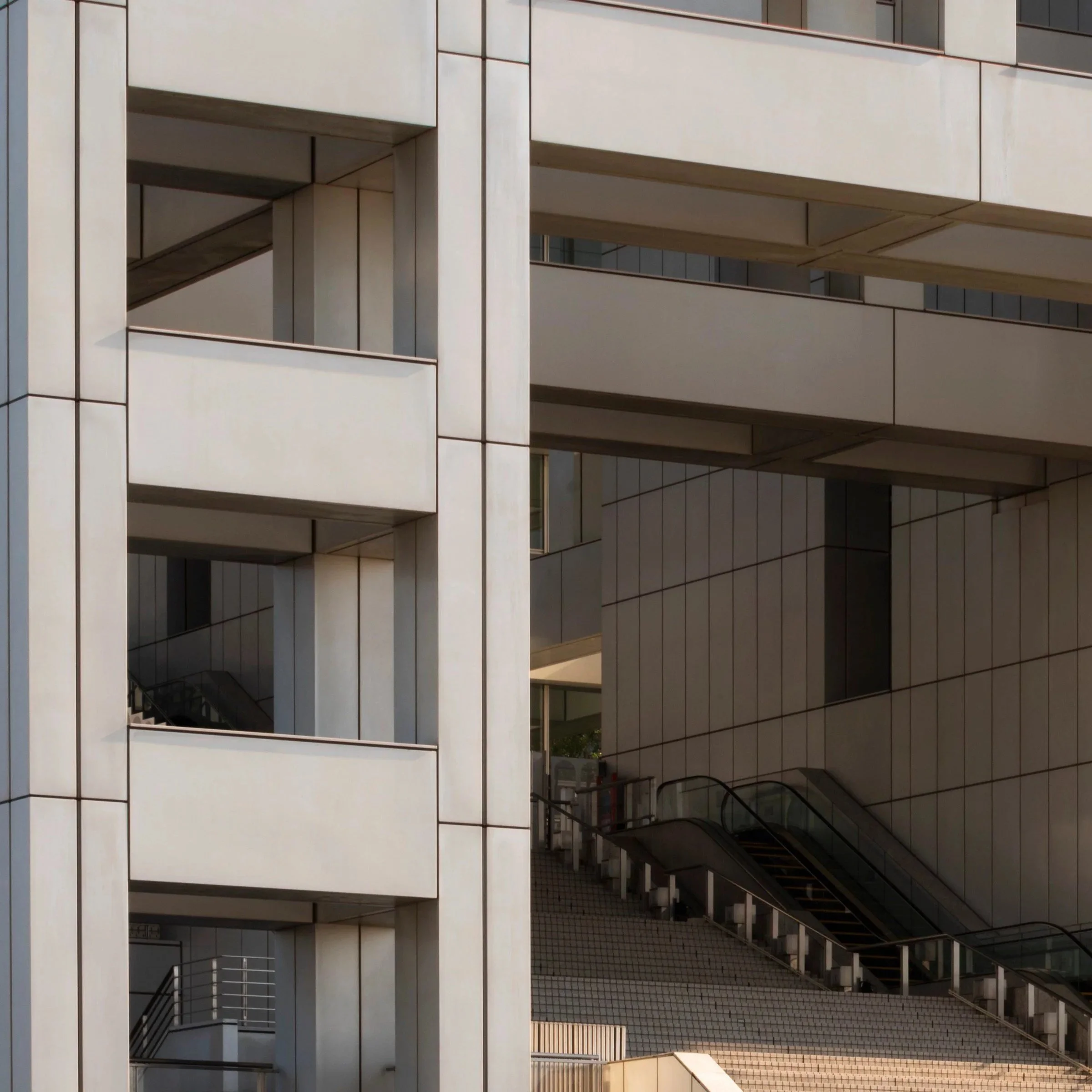 Close-up of the exterior staircase and structural grid, Fuji TV Headquarters, Odaiba, Tokyo, Japan