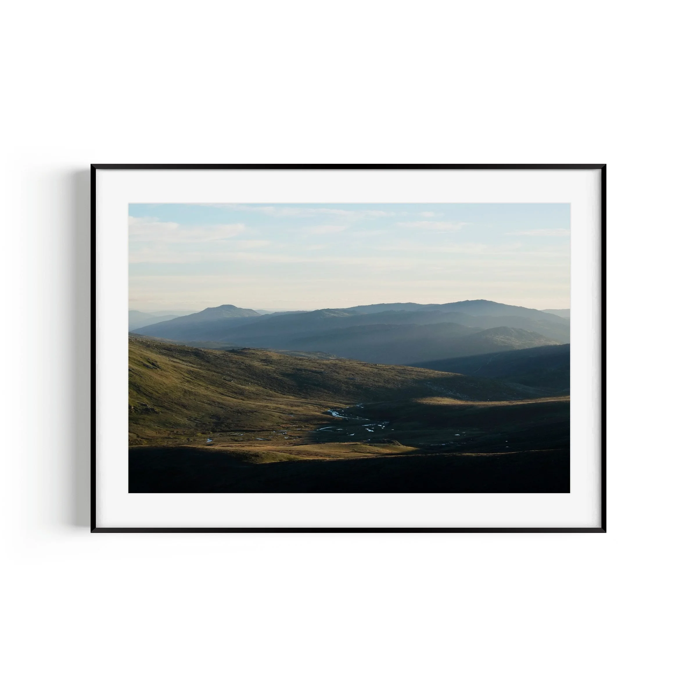 First Rays Mount Kosciuszko Snowy Mountains New South Wales landscape print in black frame by Matthew Sherren