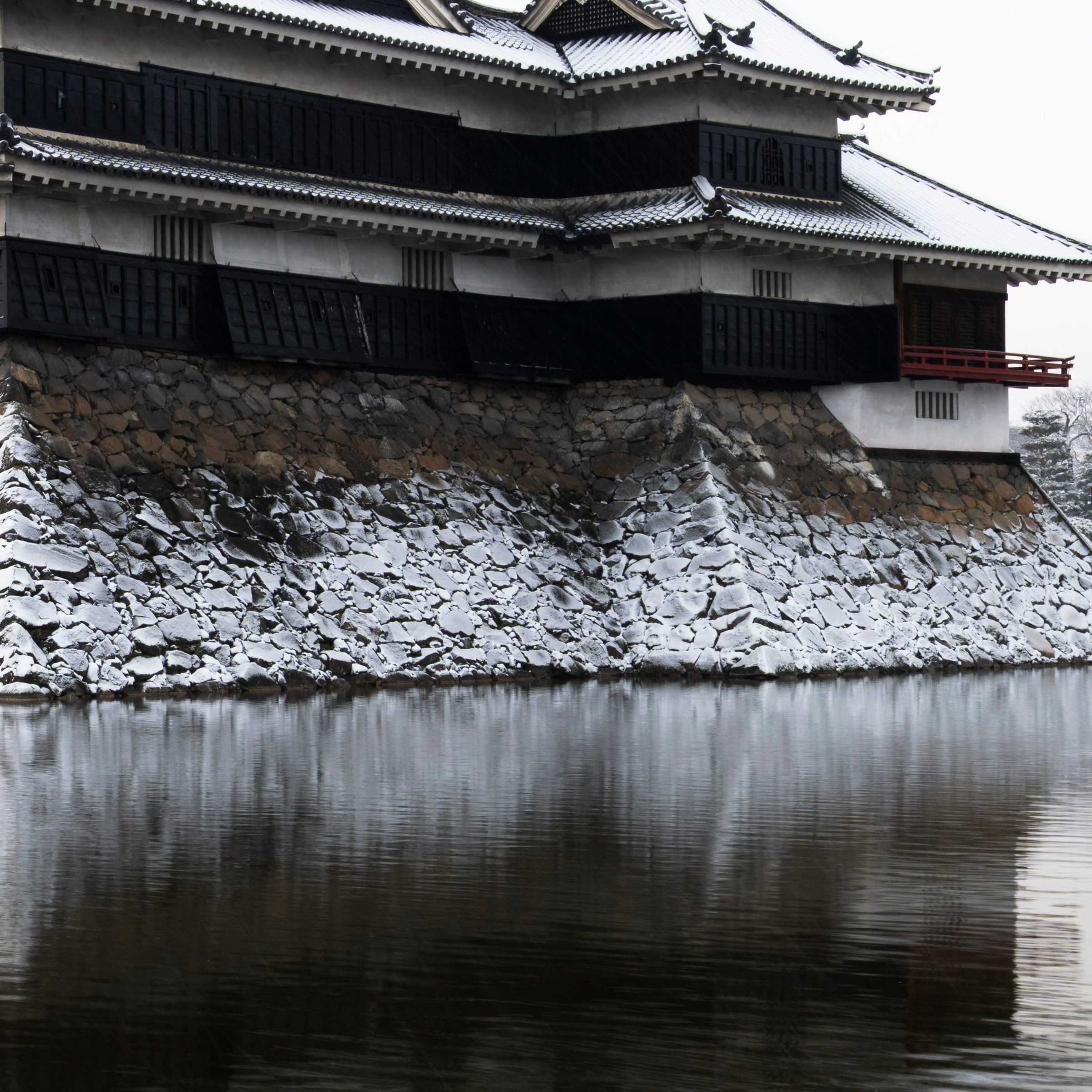 Bottom right zoom detail of the Ice Ice Outpost print, Matsumoto Castle reflected in the moat, Nagano, Japan