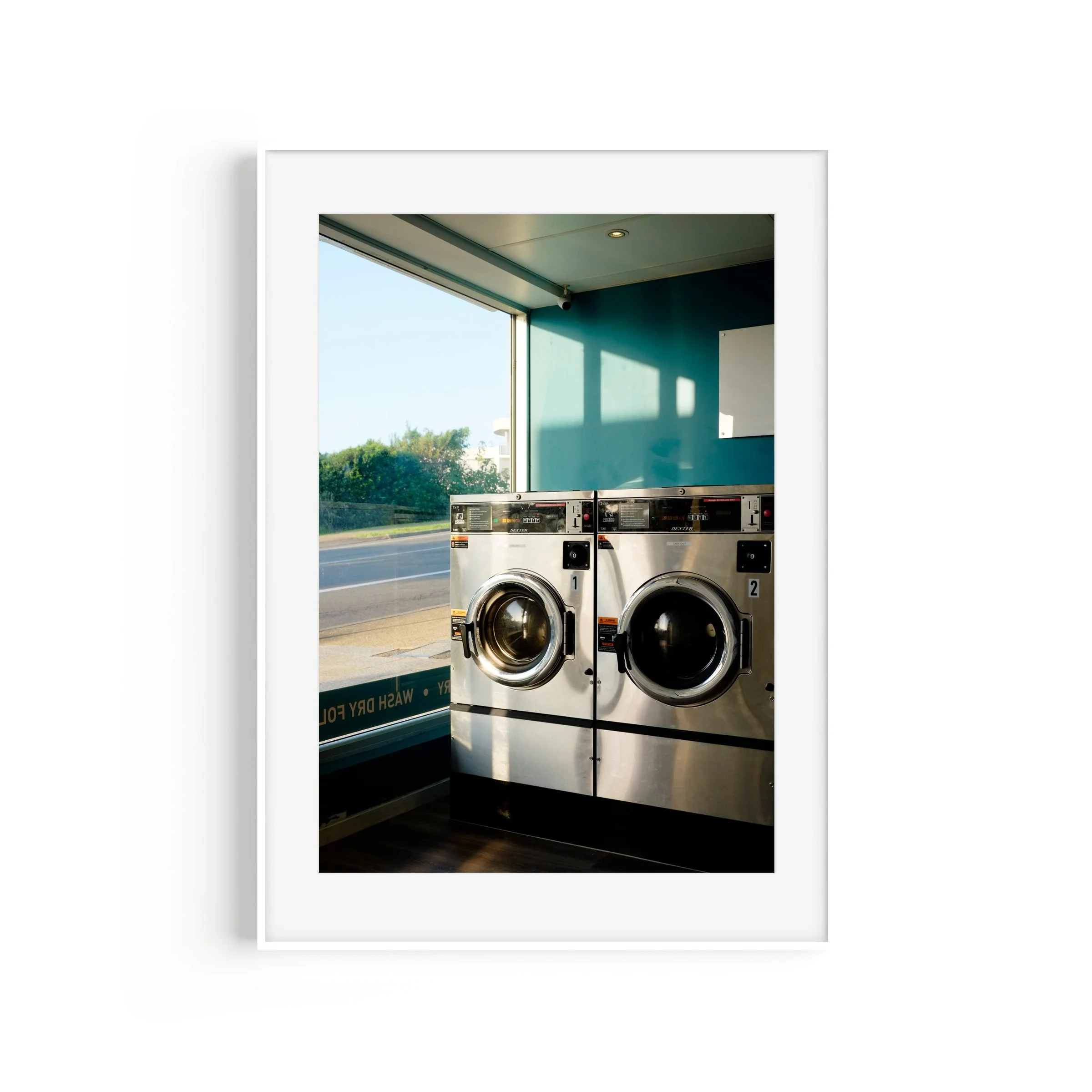 Laundered Buderim Queensland laundromat street print in white frame by Matthew Sherren