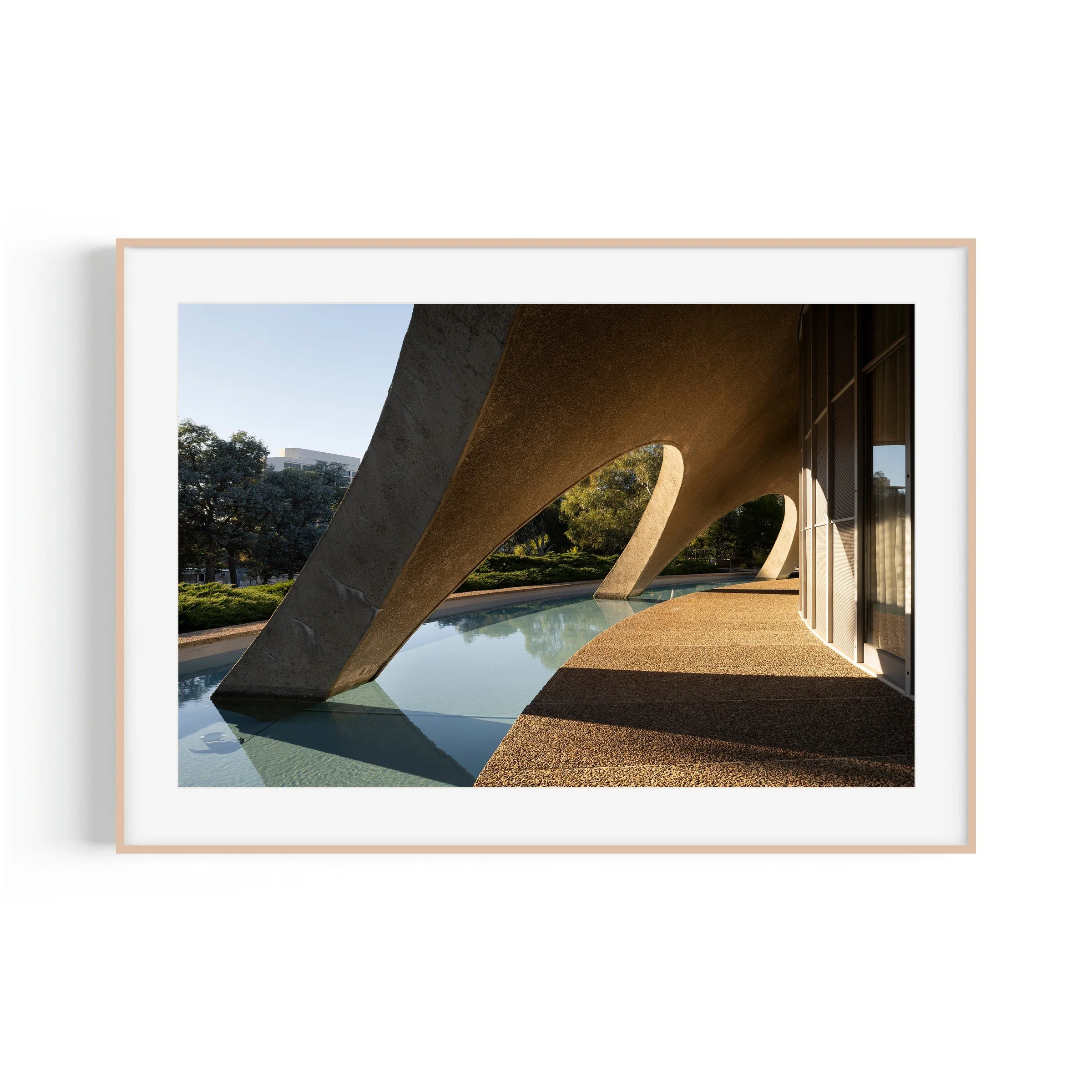 Shine Dome Acton Canberra modernist architecture print in raw oak frame by Matthew Sherren