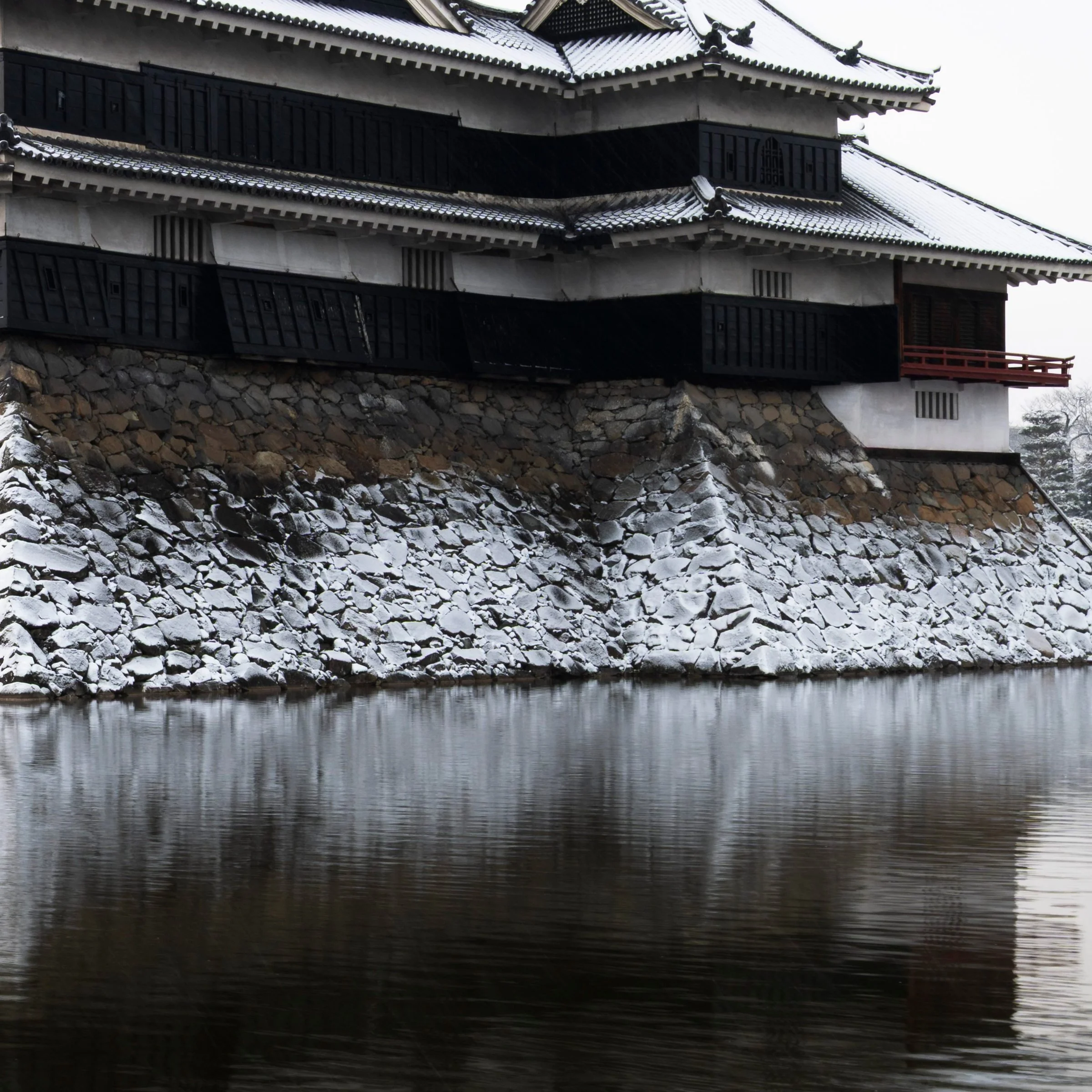 Bottom right zoom detail of the Ice Ice Outpost print, Matsumoto Castle reflected in the moat, Nagano, Japan