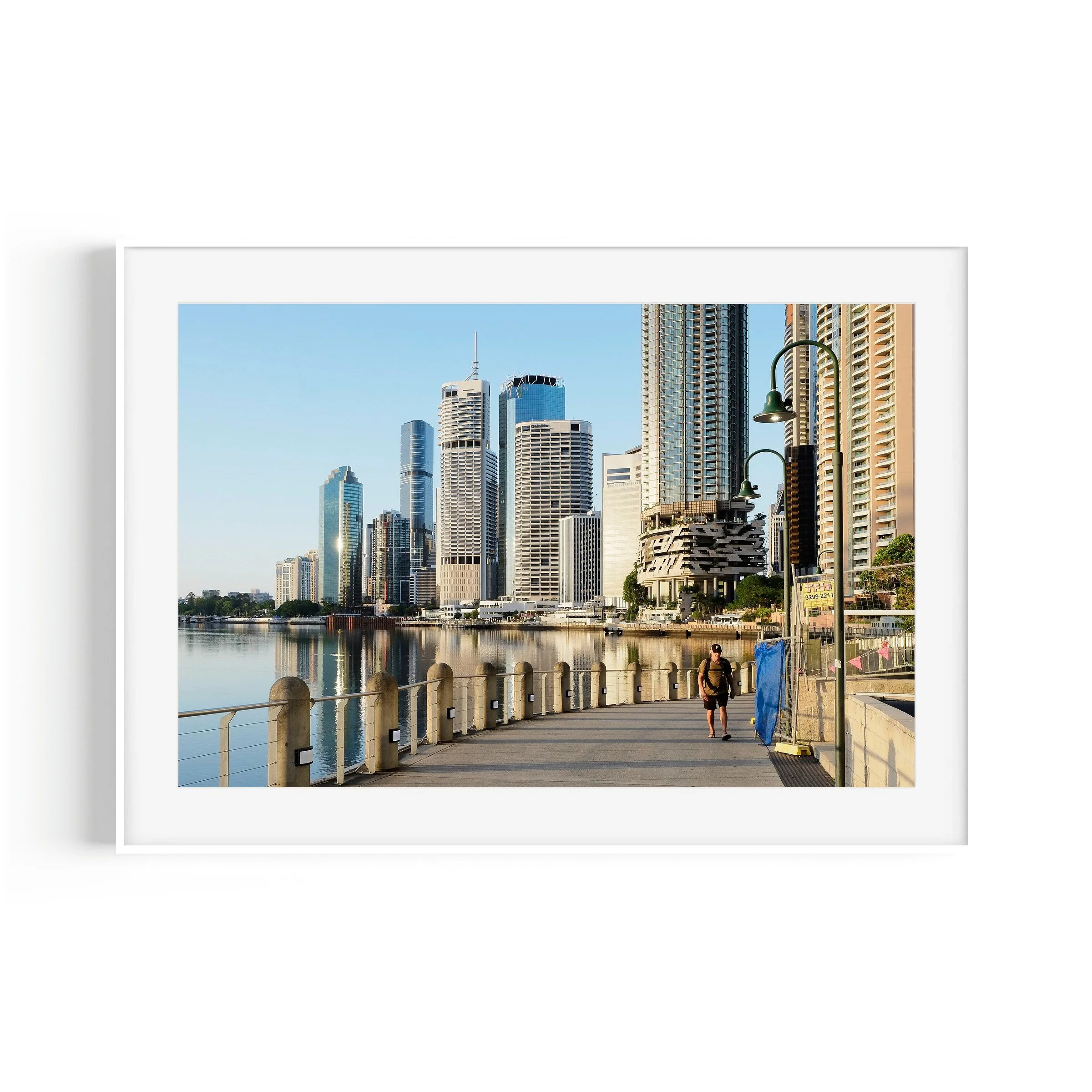City Reach boardwalk Brisbane Queensland skyline print in white frame by Matthew Sherren