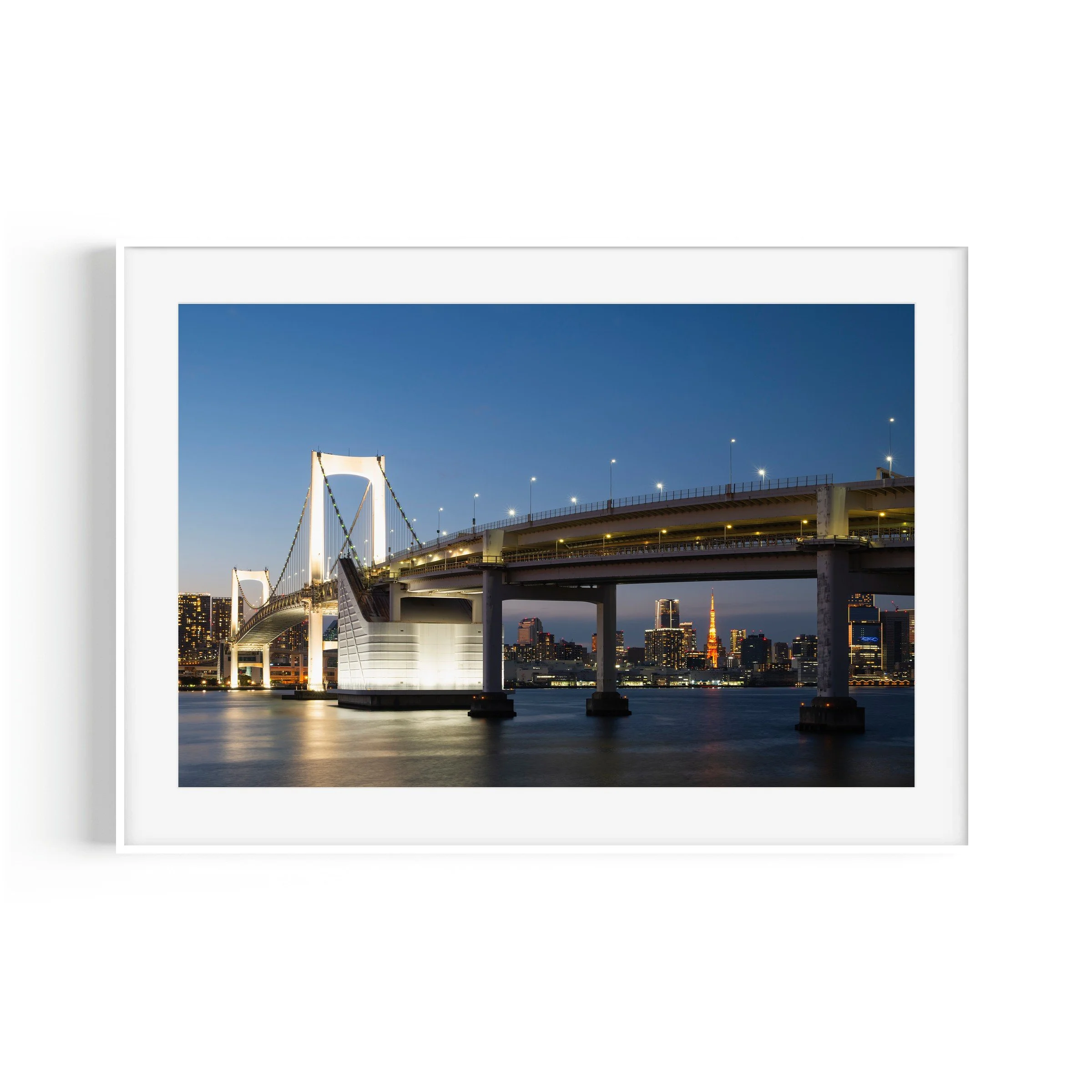 Rainbow Road wall art print mockup Rainbow Bridge Daiba Tokyo Japan Mario Kart Wii inspired white frame