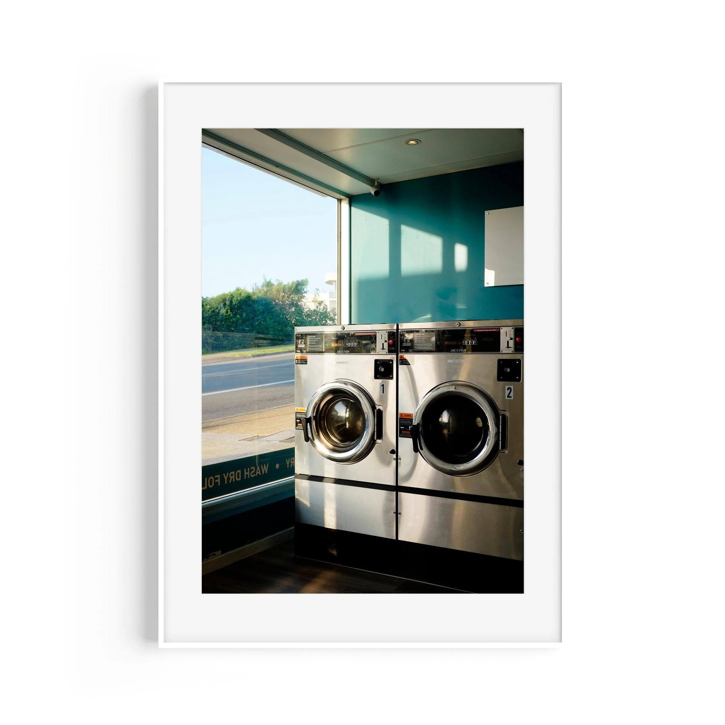 Laundered Buderim Queensland laundromat street print in white frame by Matthew Sherren
