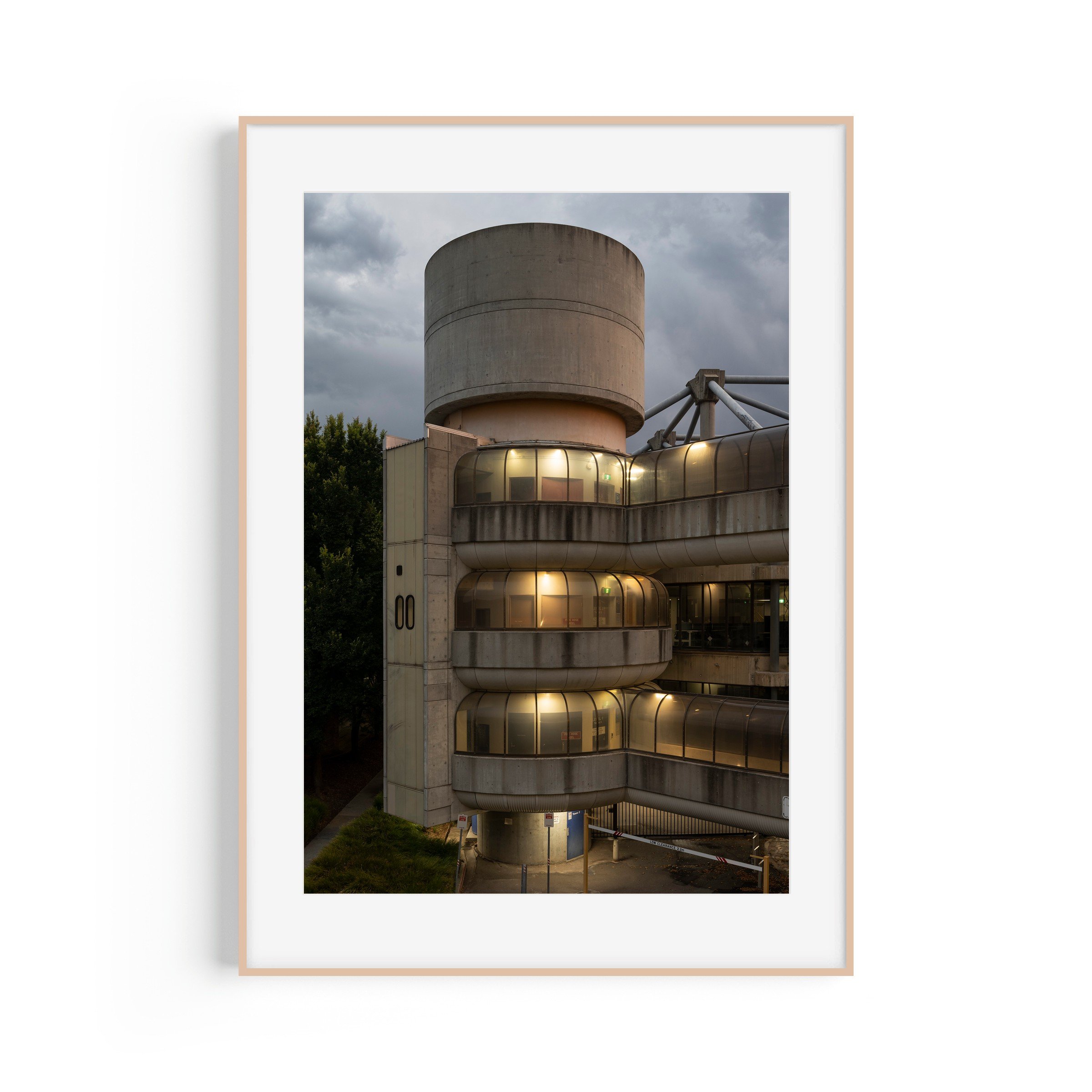Callam Offices #1 Woden Canberra brutalist architecture print in raw oak frame by Matthew Sherren