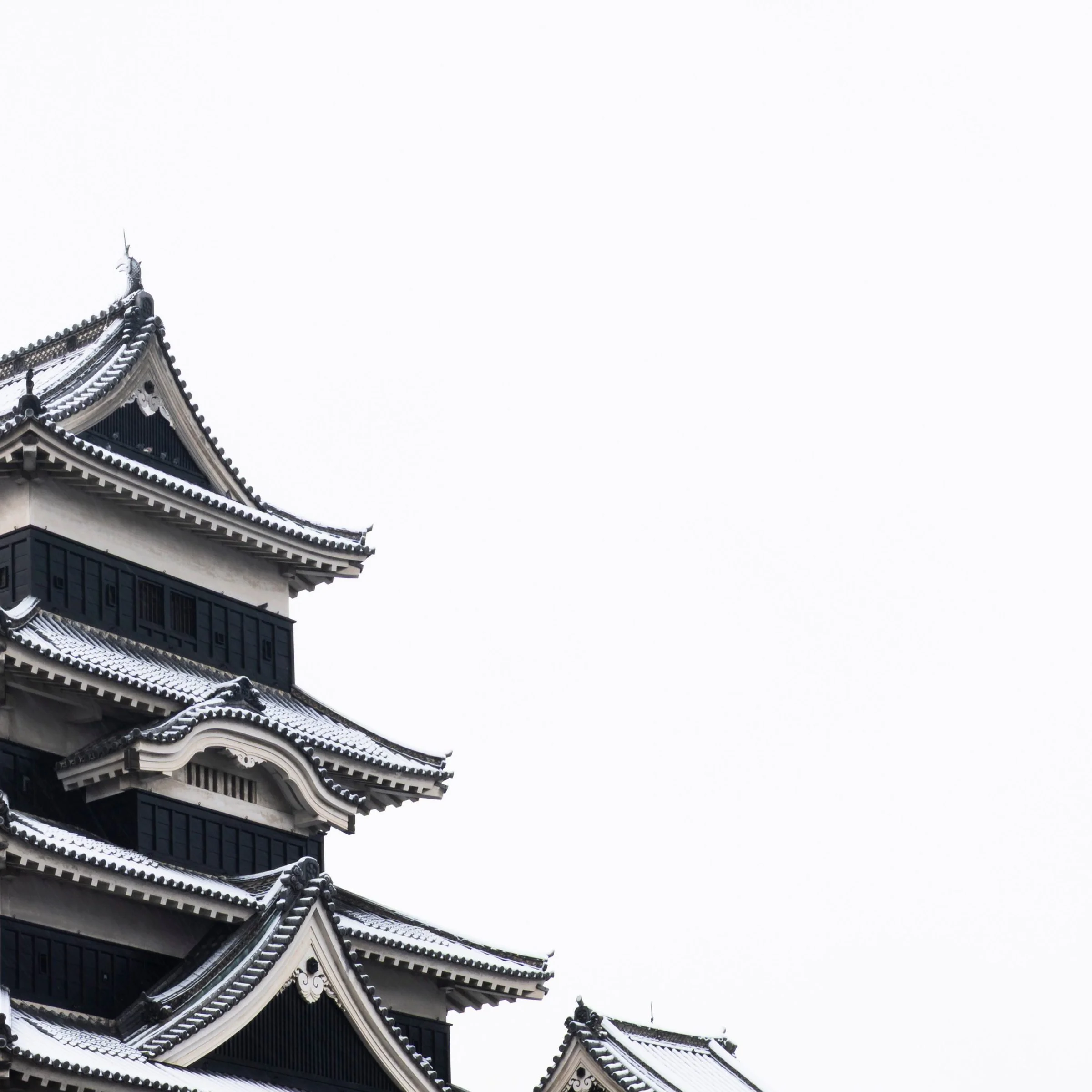 Top right zoom detail of the Ice Ice Outpost print, castle rooflines against a blank winter sky, Matsumoto, Japan