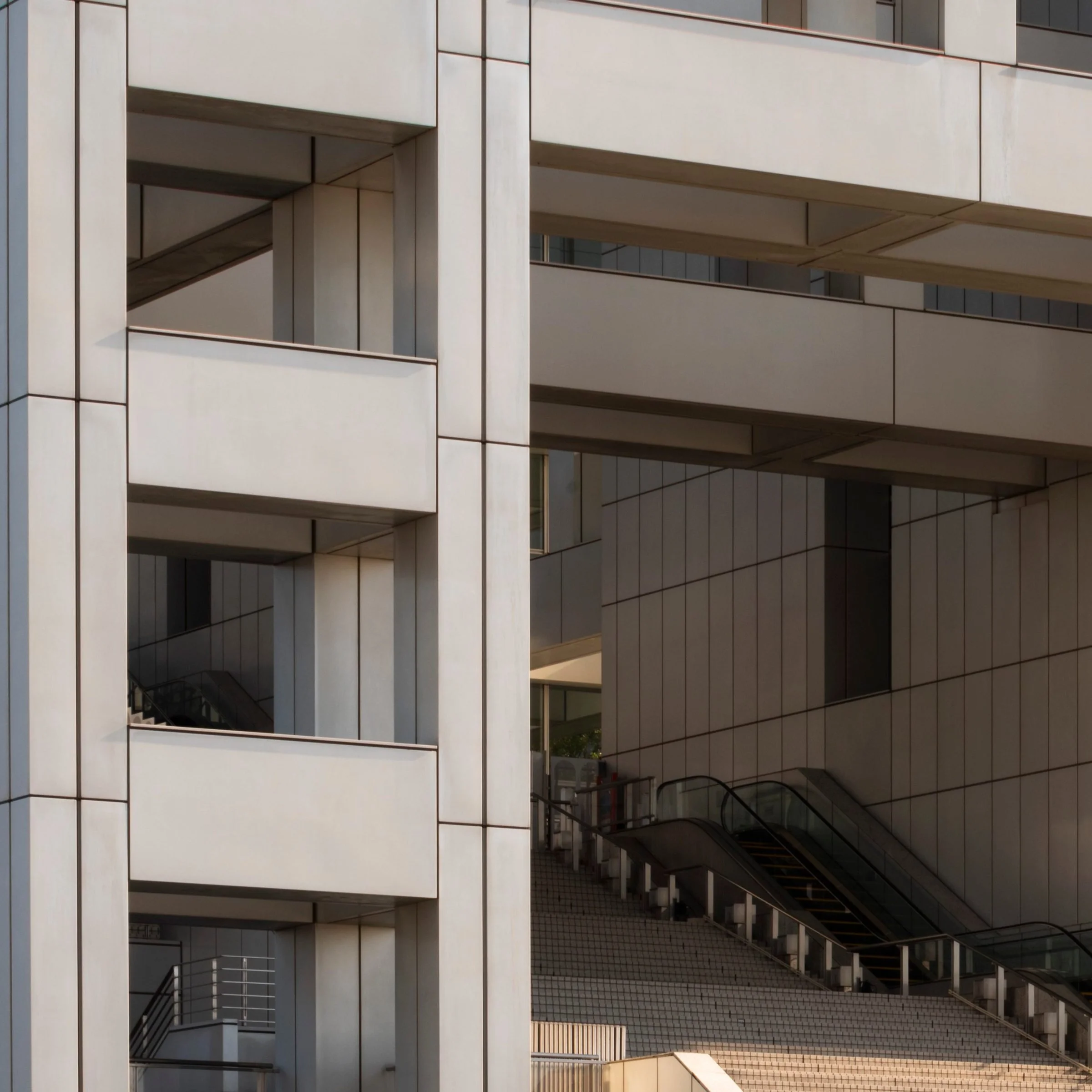 Close-up of the exterior staircase and structural grid, Fuji TV Headquarters, Odaiba, Tokyo, Japan