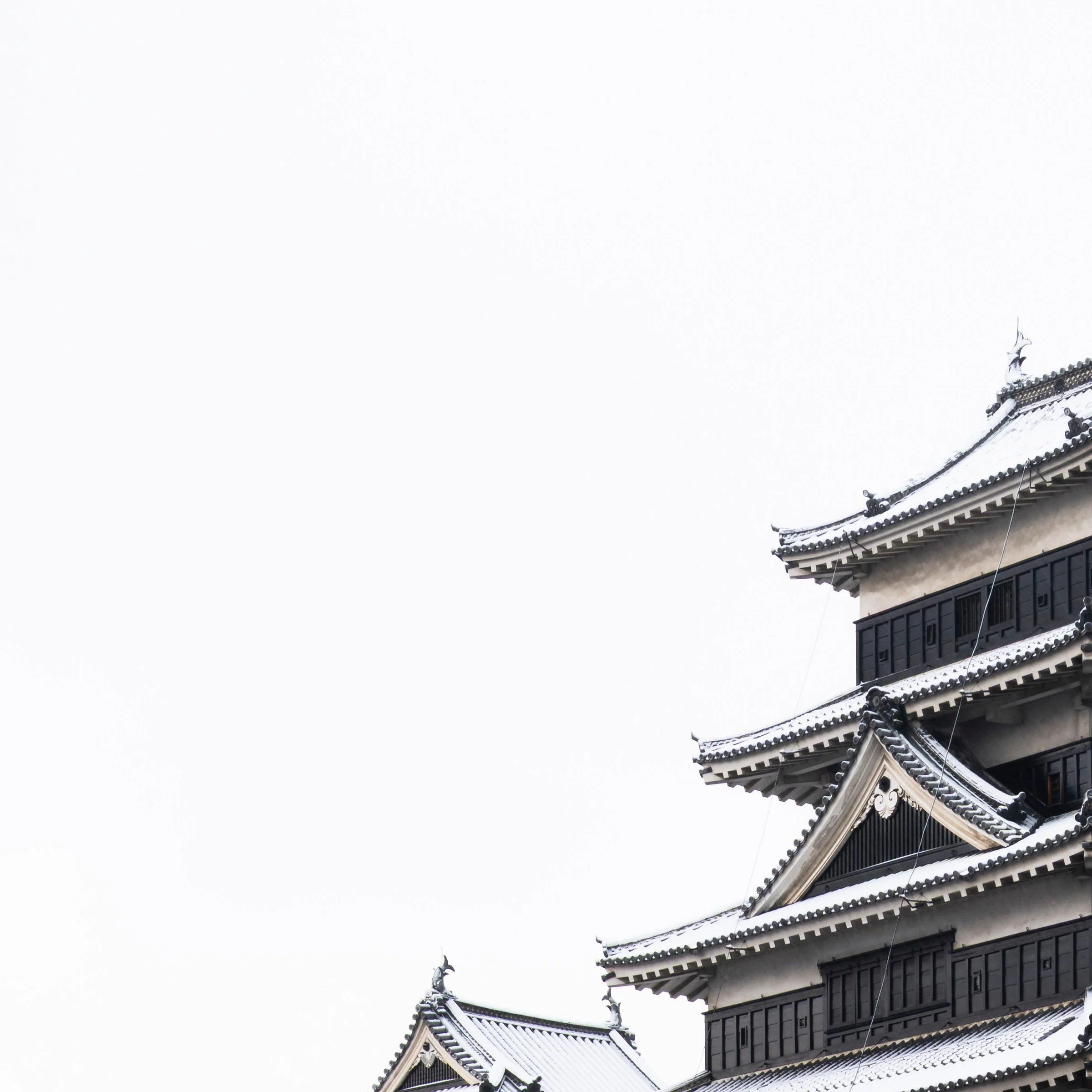 Top left zoom detail of the Ice Ice Outpost print, black and white Matsumoto Castle keep, Nagano, Japan