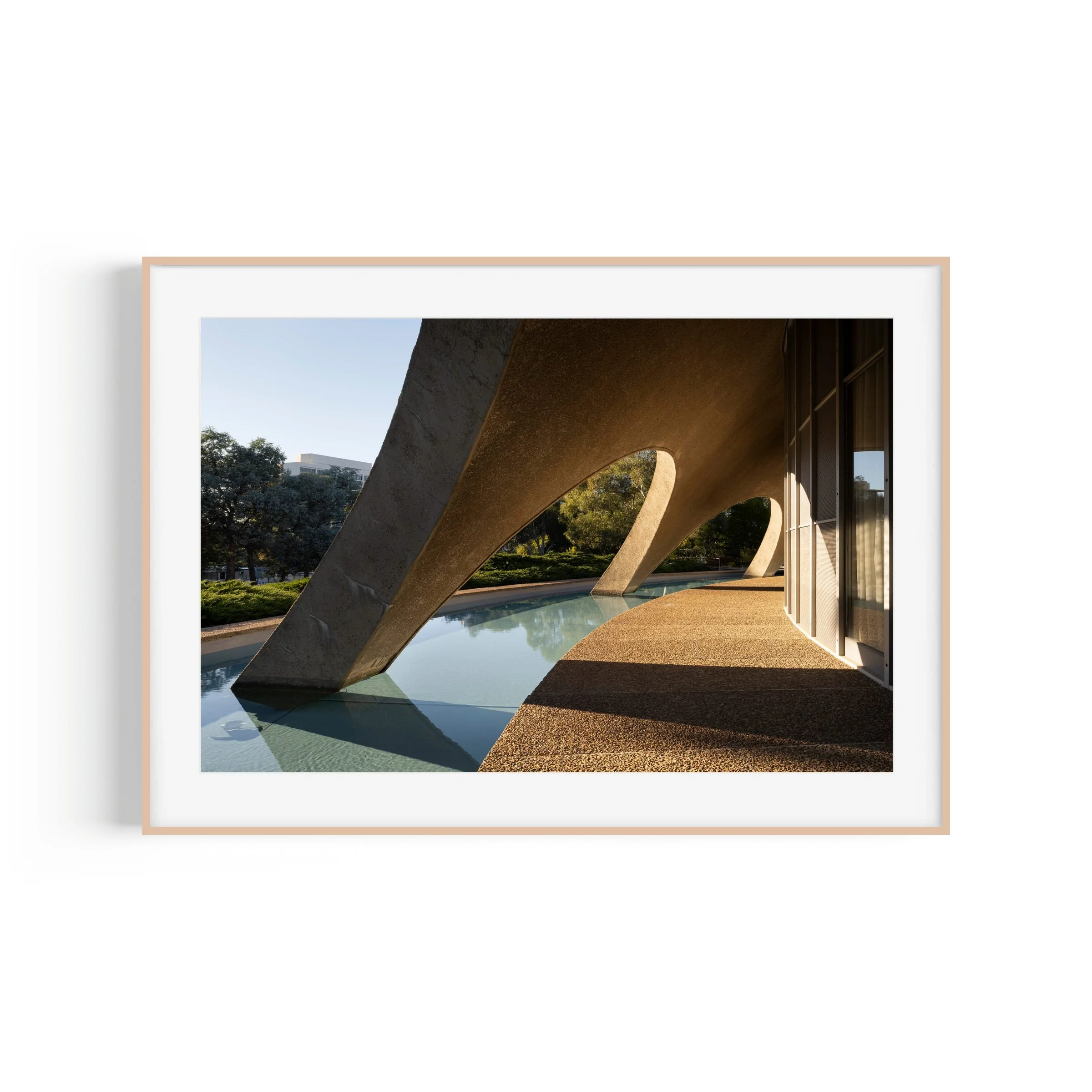 Shine Dome Acton Canberra modernist architecture print in raw oak frame by Matthew Sherren