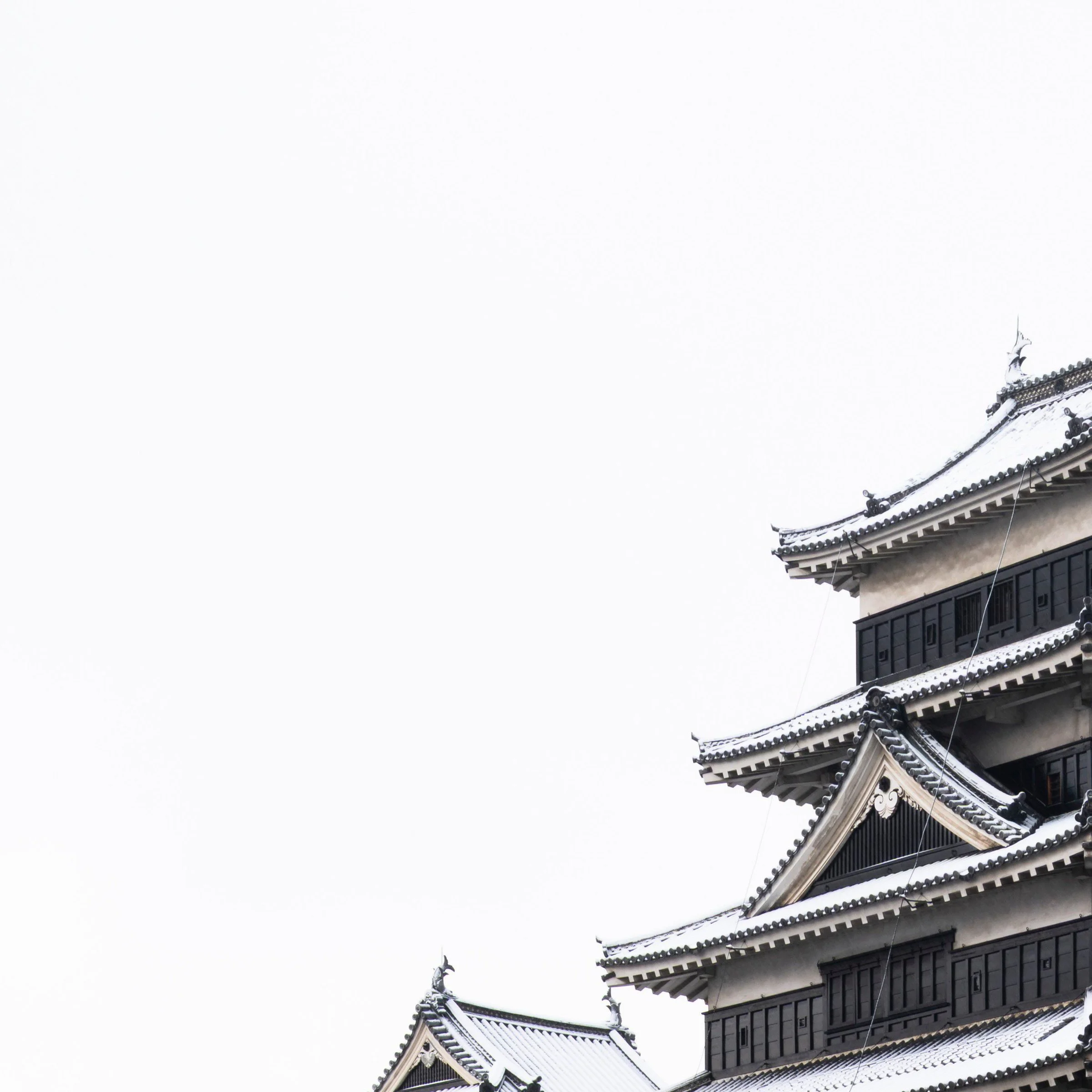 Top left zoom detail of the Ice Ice Outpost print, black and white Matsumoto Castle keep, Nagano, Japan