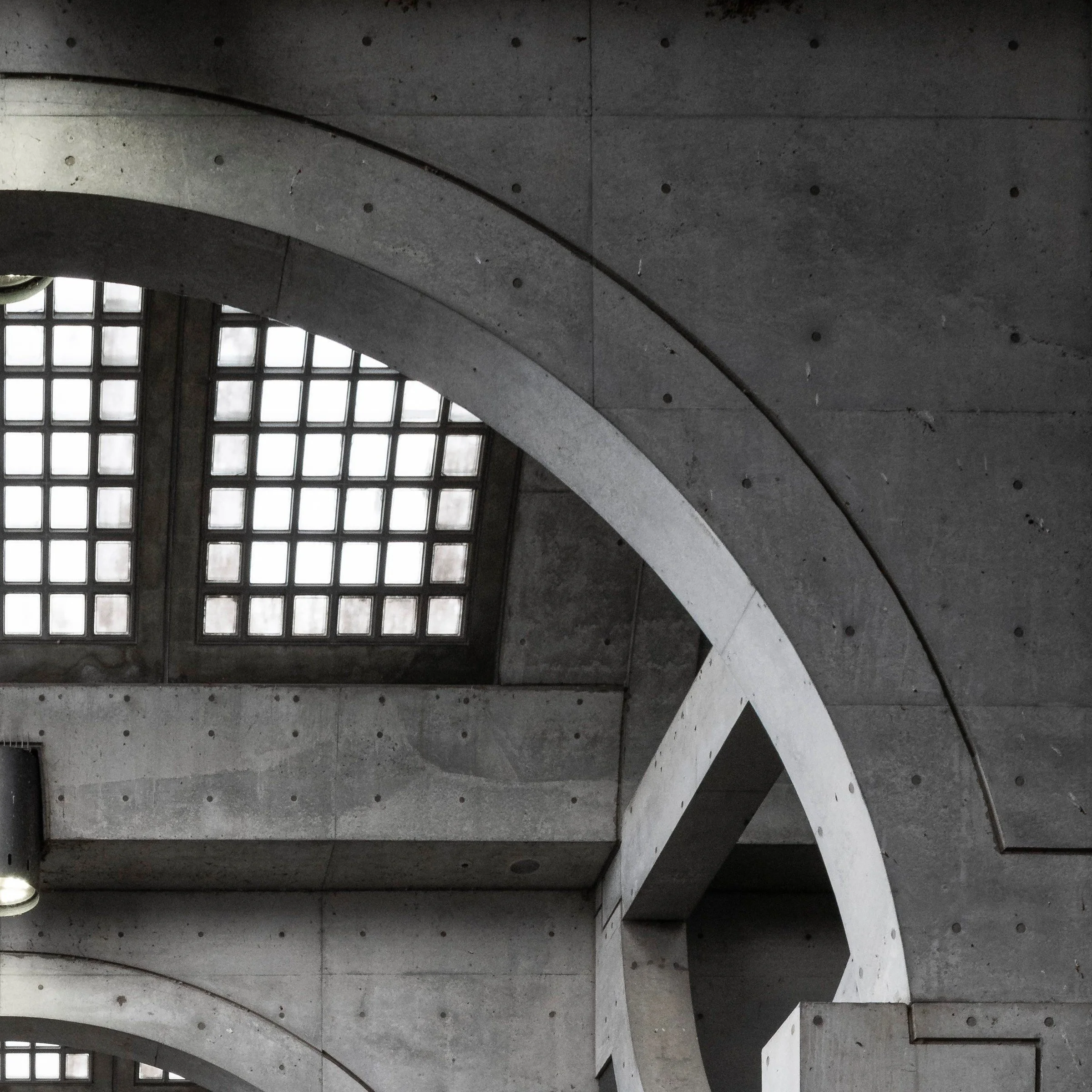 Top right zoom detail of the Twisted Mansion print, latticed window above the stairwell, Keihan Uji Station, Kyoto, Japan