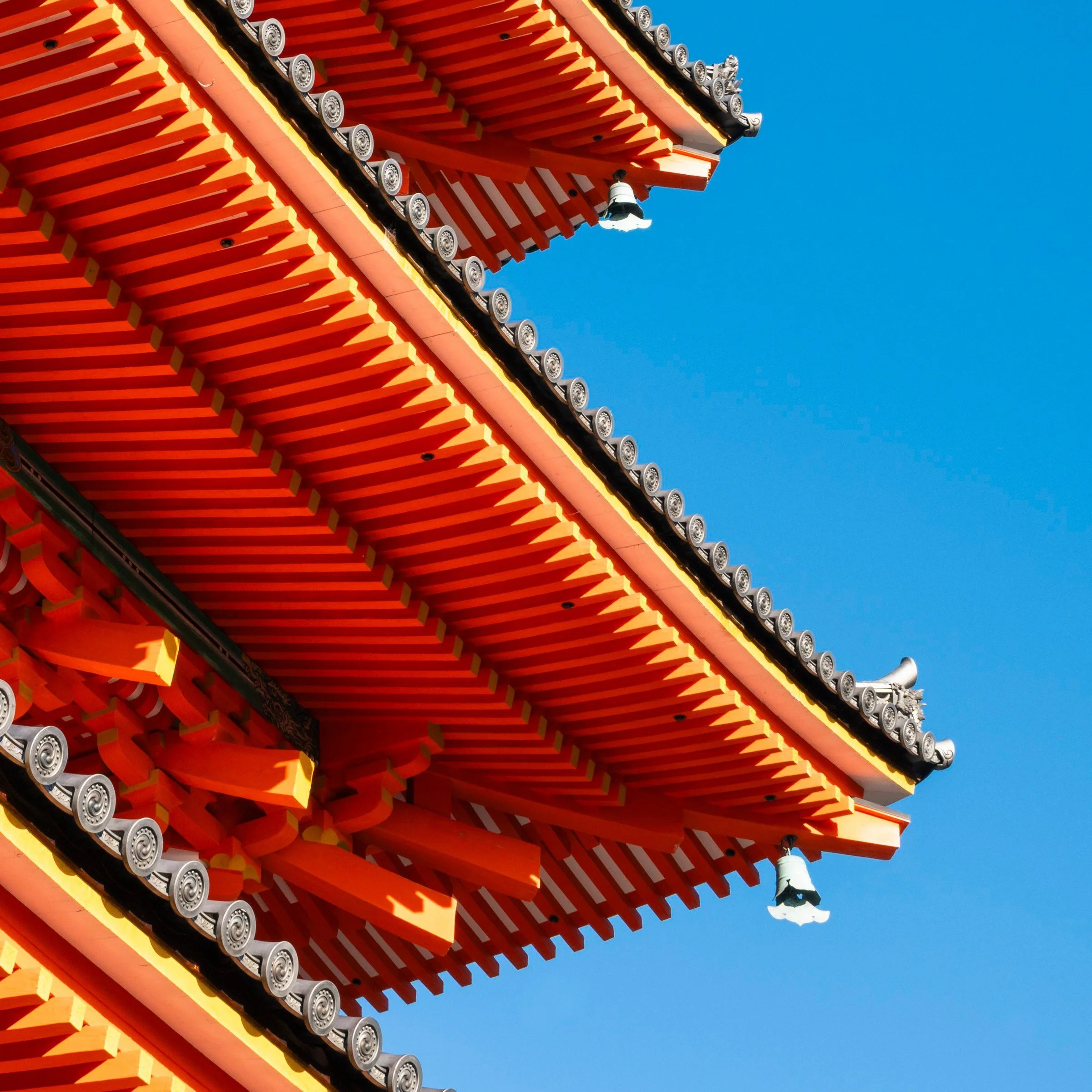 Bottom right zoom detail of the Dragon Driftway print, lower pagoda tier and gold finial, Kiyomizu-dera, Kyoto, Japan