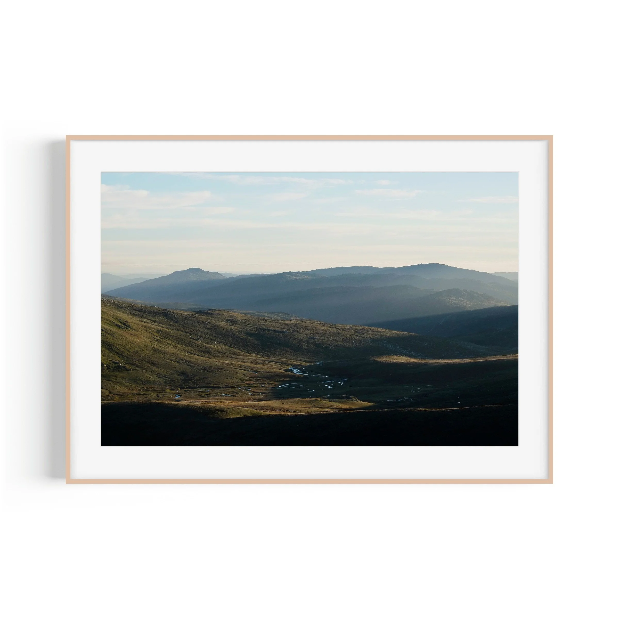 First Rays Mount Kosciuszko Snowy Mountains New South Wales landscape print in raw oak frame by Matthew Sherren