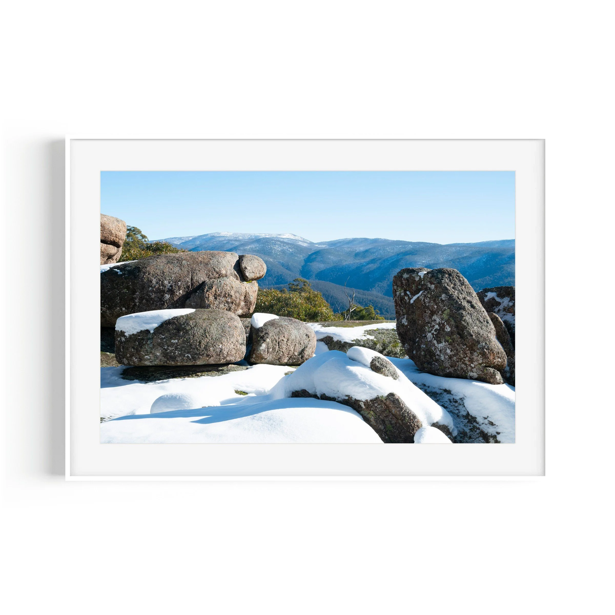 Square Rock snowfall Namadgi National Park Canberra landscape print in white frame by Matthew Sherren