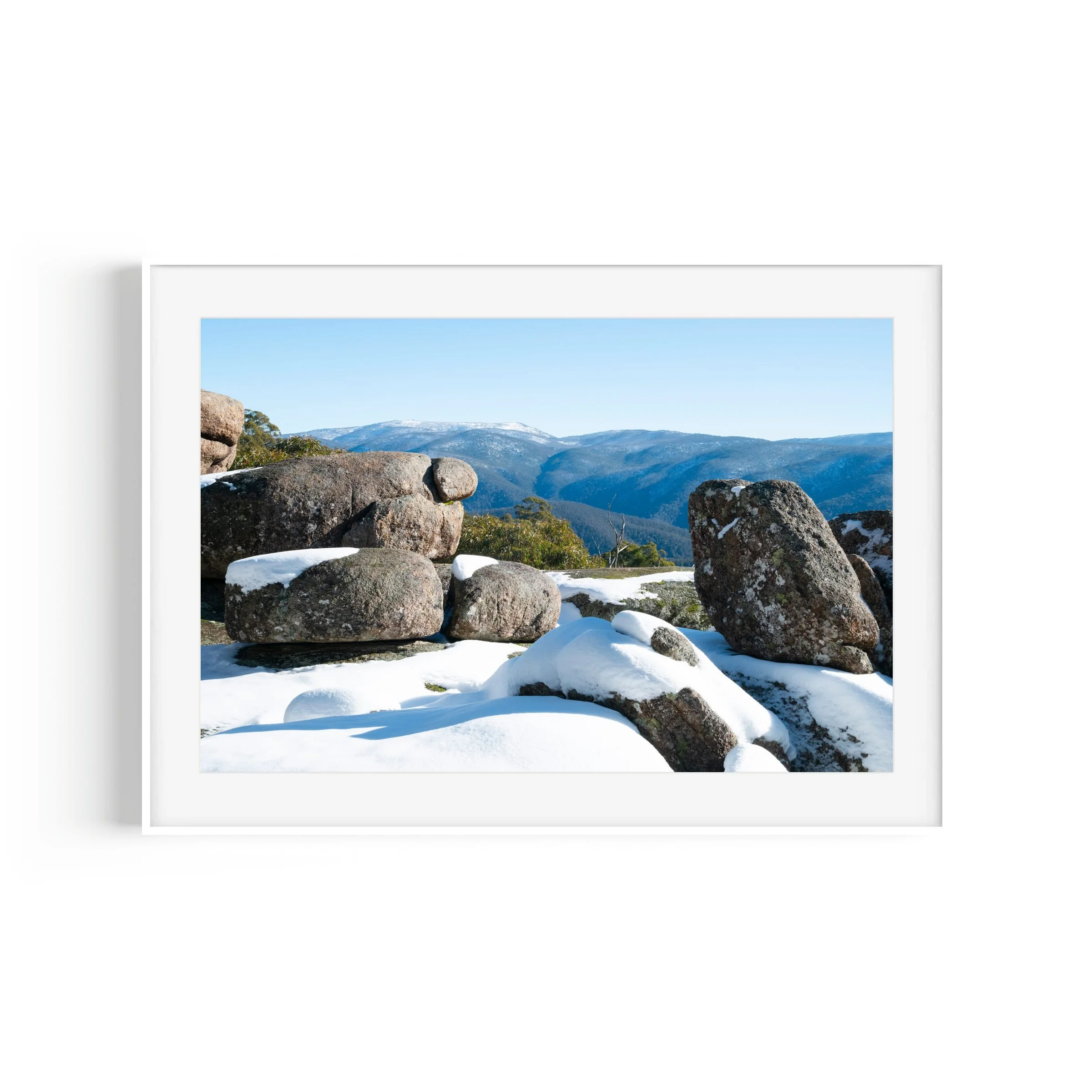 Square Rock snowfall Namadgi National Park Canberra landscape print in white frame by Matthew Sherren