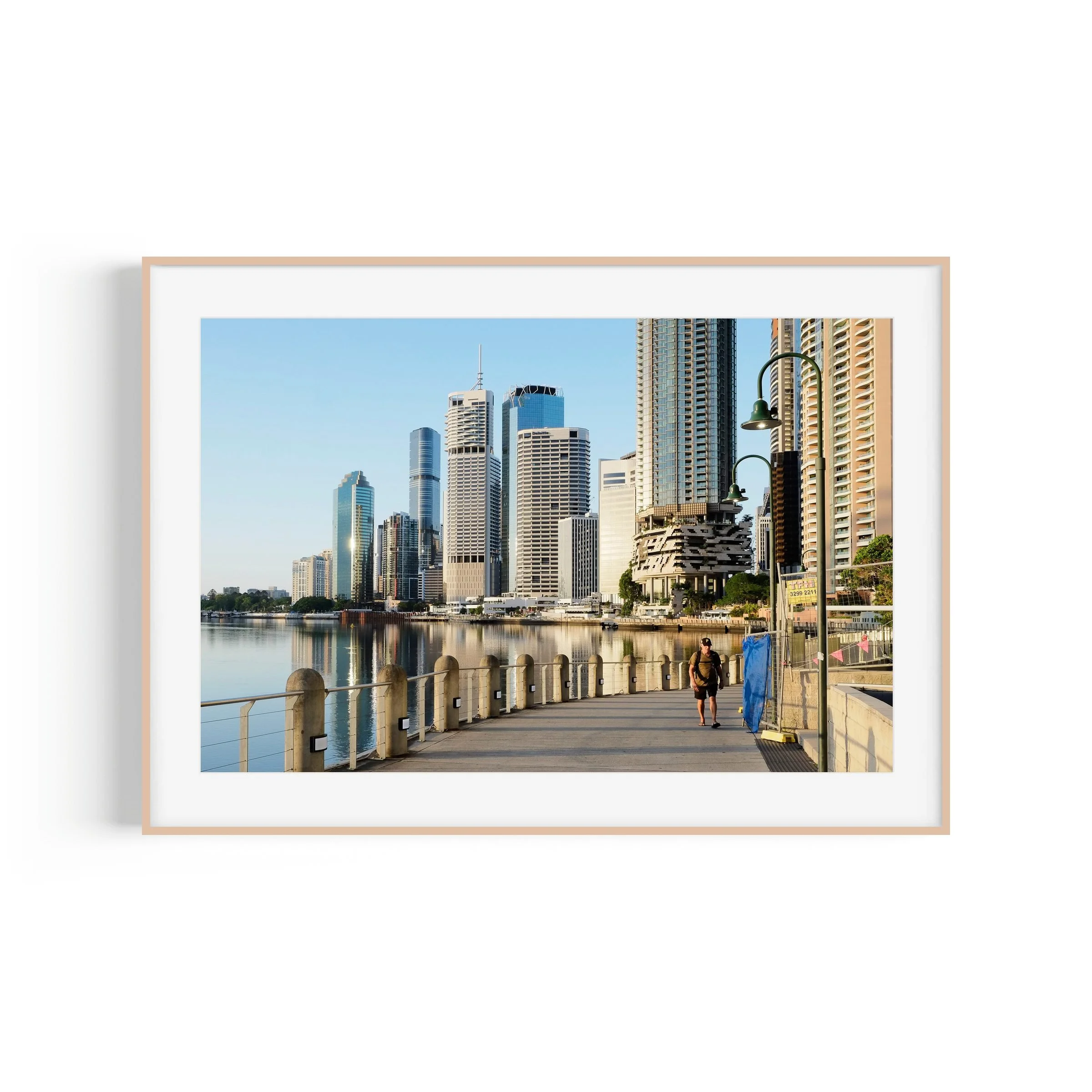 City Reach boardwalk Brisbane Queensland skyline print in raw oak frame by Matthew Sherren