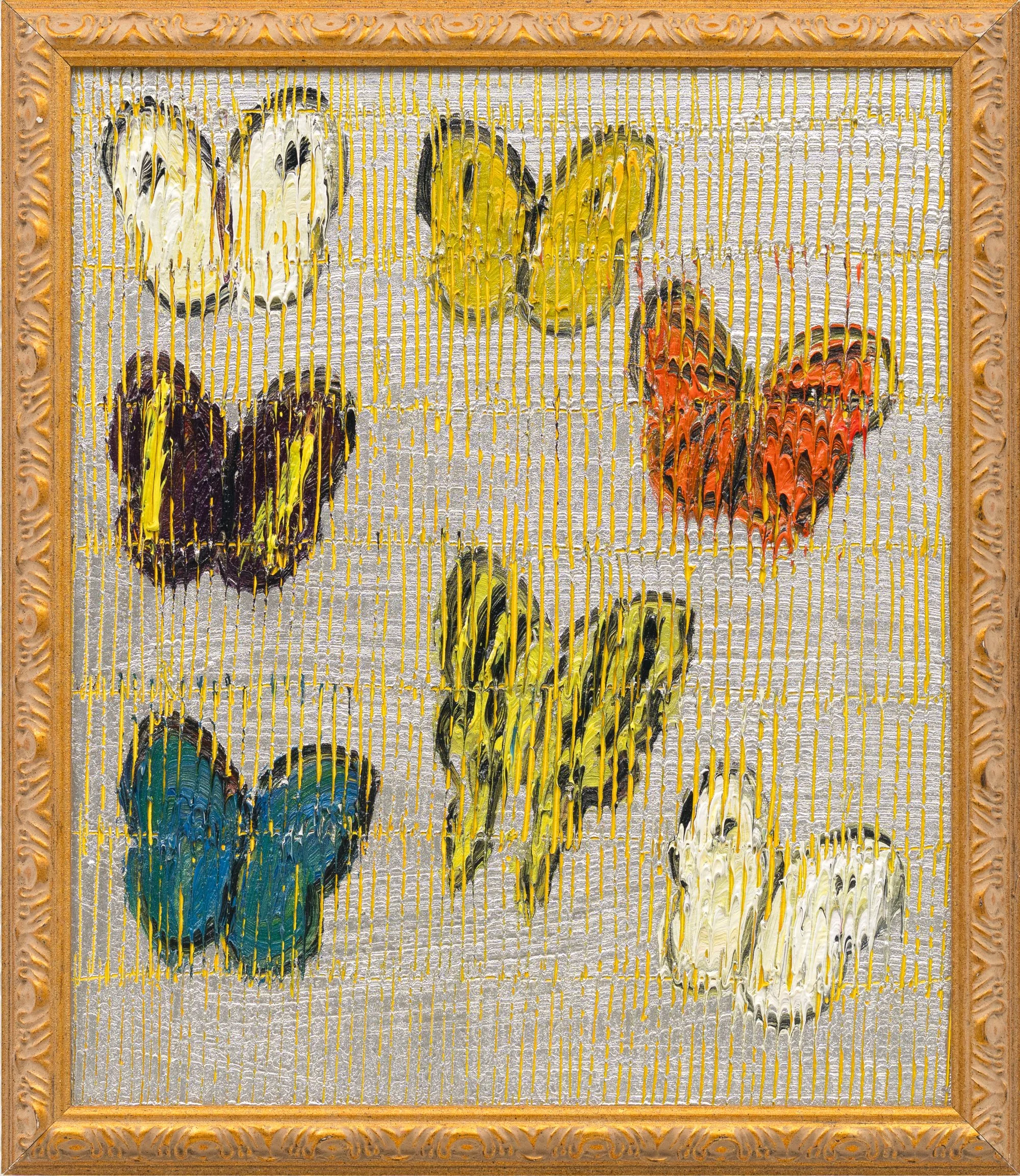 "Butterflies Migration in Silver" 2026, Oil on Wood, 20 x 17 inches.