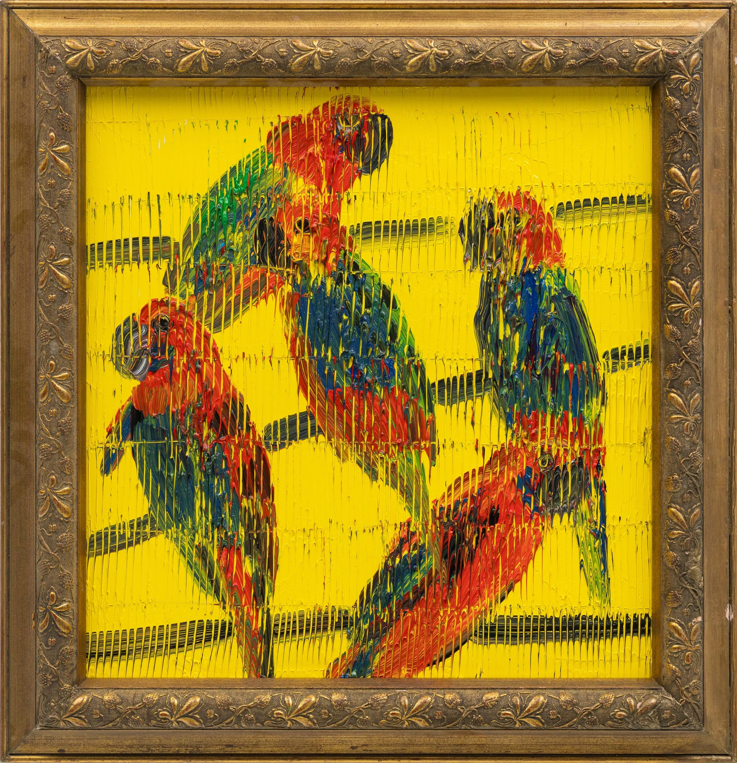"Red Rosellas" 2026, Oil on Wood, 21 x 20 inches