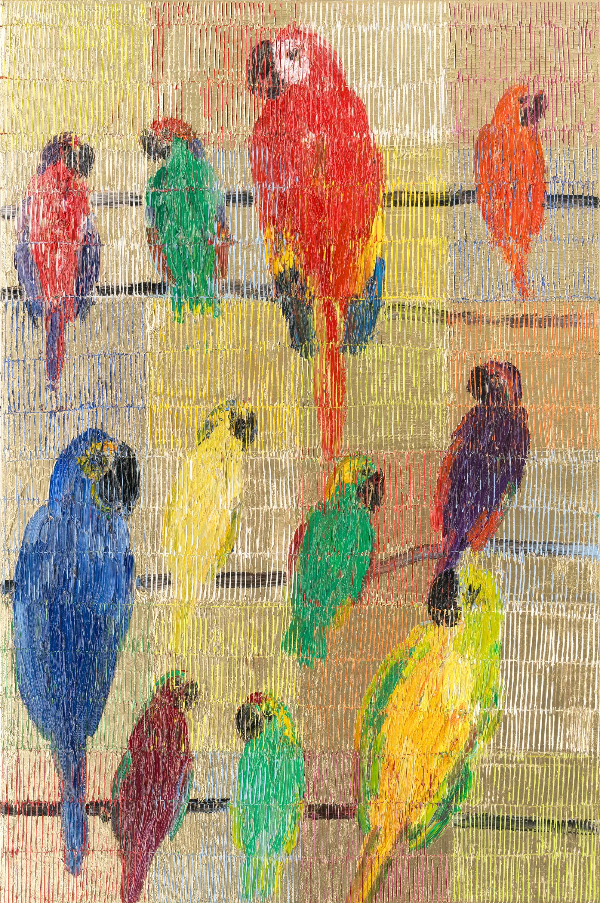 "Macaws Aviary" 2026, 60 x 40 inhes, Oil on Canvas