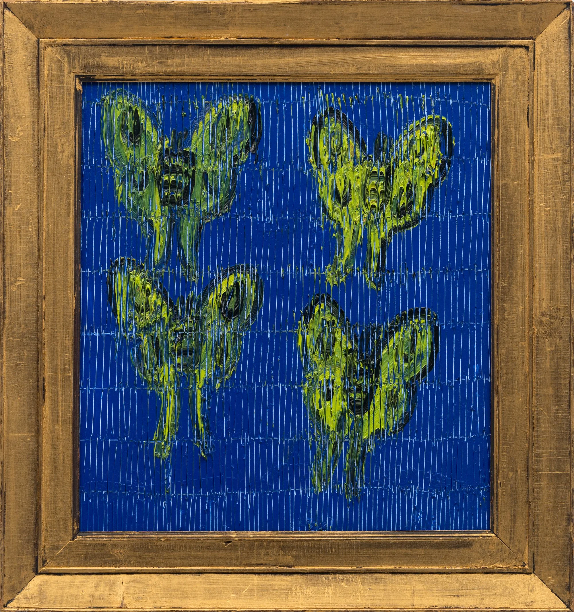 "Four Luna Moths" 2026, Oil on Wood, 21 x 19 inches
