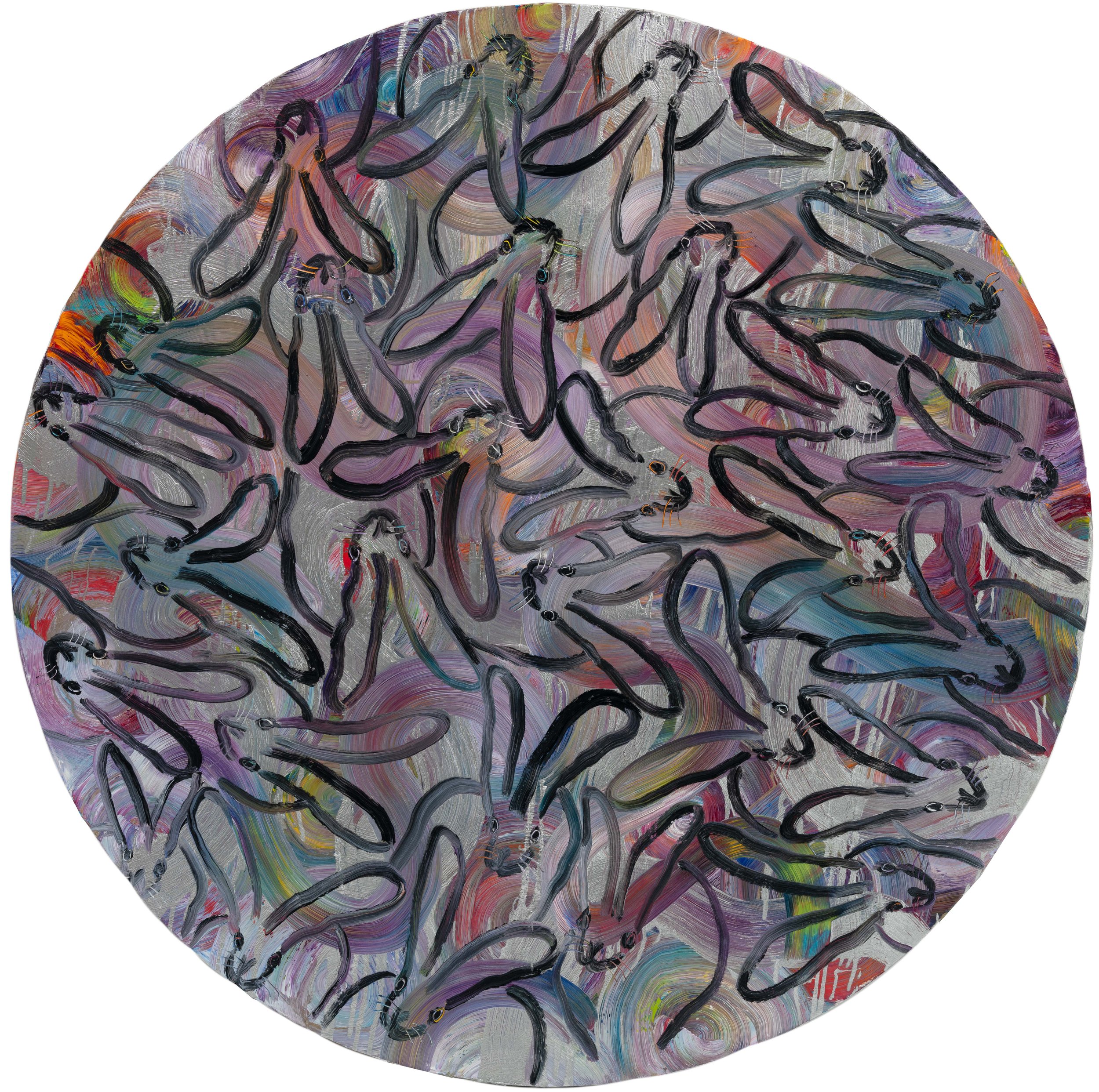 "Tondo Radial Bunnys" 2025, Oil on Canvas, 72 x 72 inches