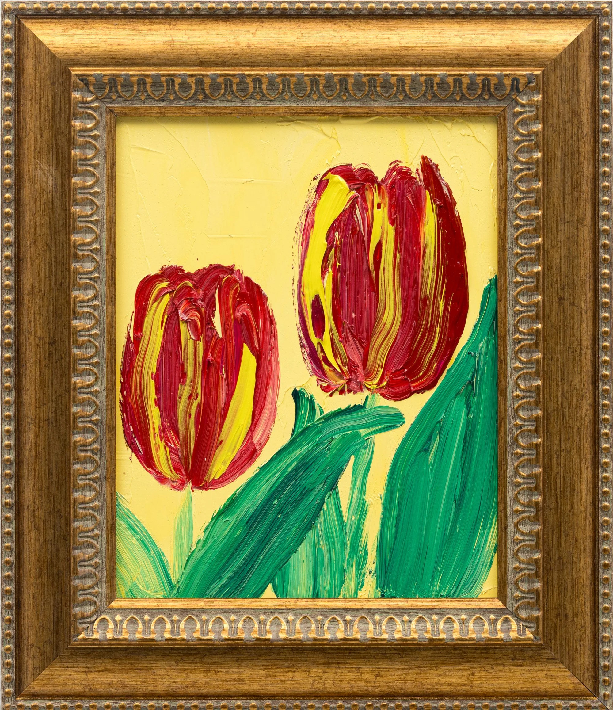 "Red & Yellow Rotterdam Tulips" 2026, Oil on Wood, 10 x 8 inches