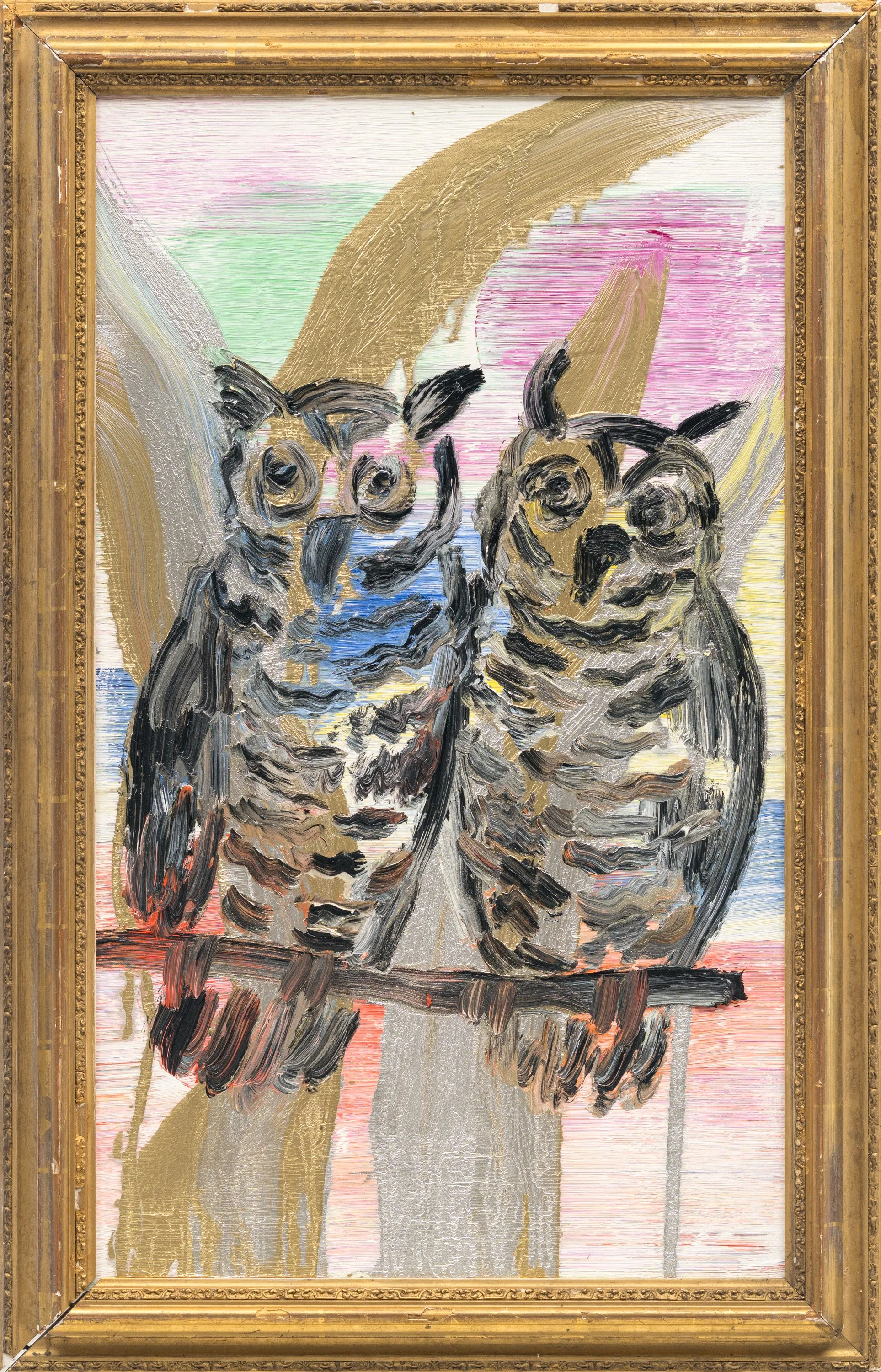 "Chinensis Owls" 2026, Oil on Wood, 29 x 17 inches